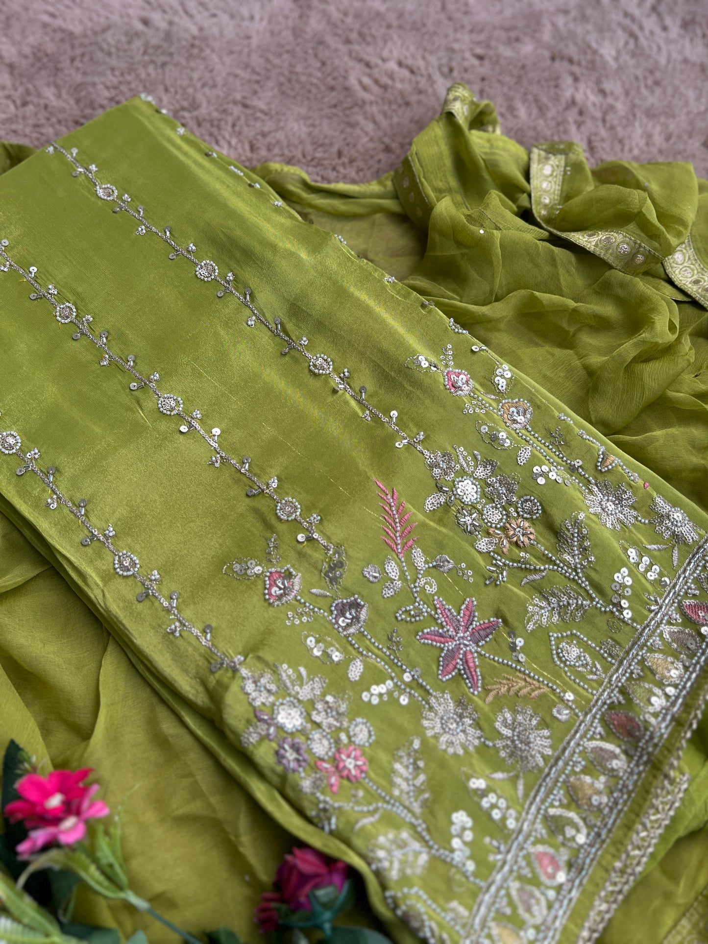 Radiant Shimmer Silk Ensemble with Beaded Elegance