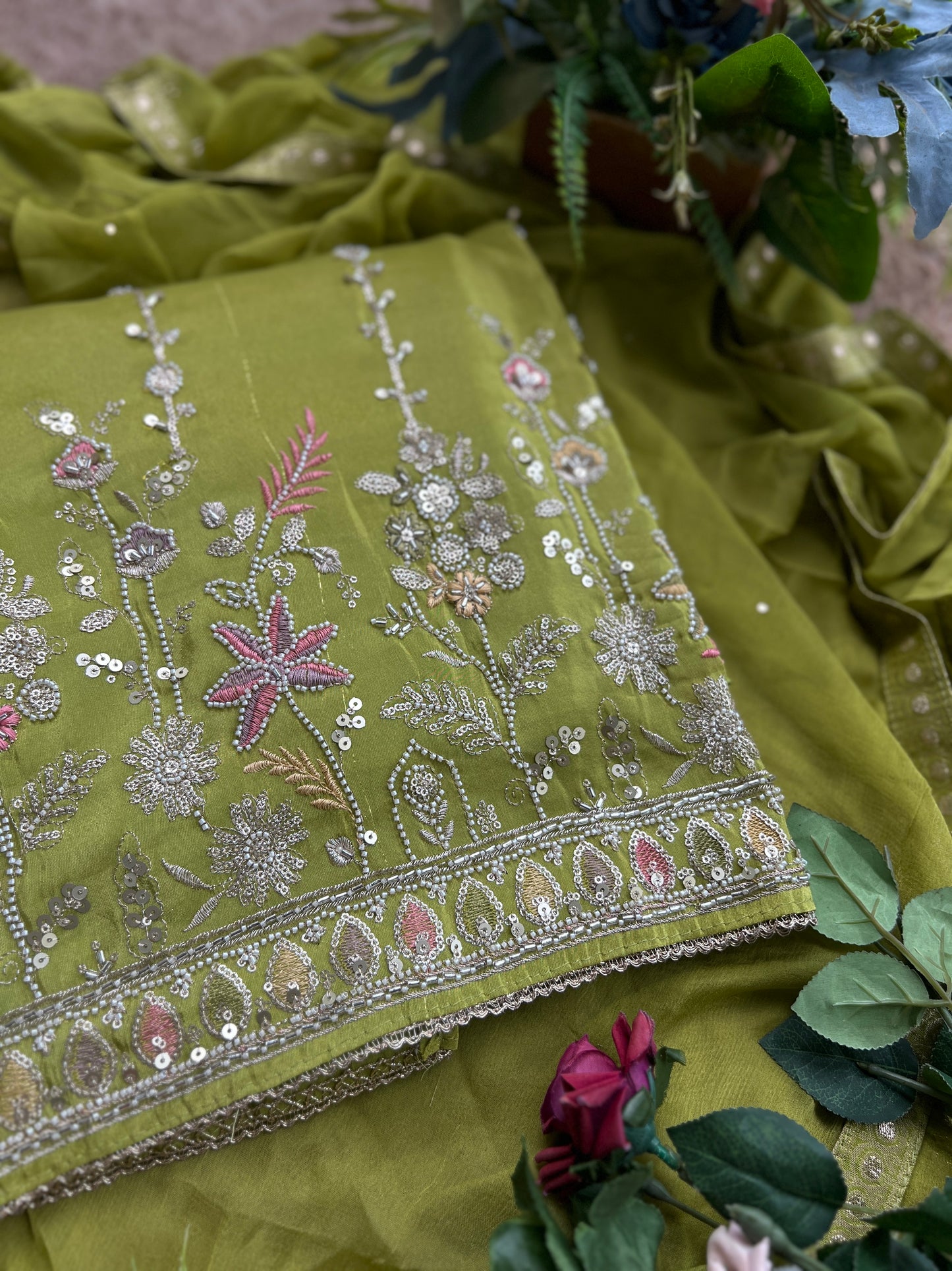 Radiant Shimmer Silk Ensemble with Beaded Elegance
