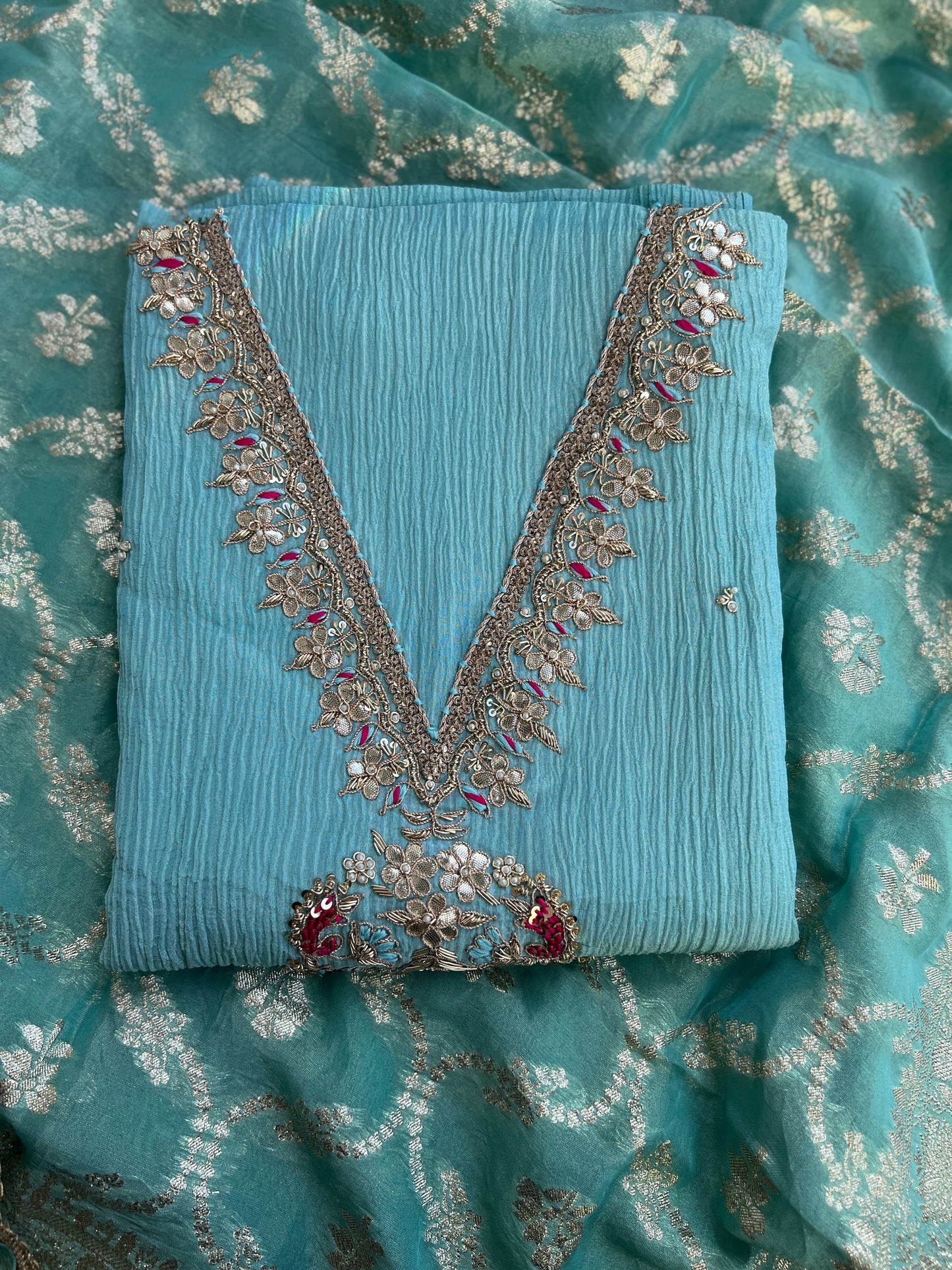Exquisite Crushed Shimmer Silk Tissue Ensemble with Elegant Handwork