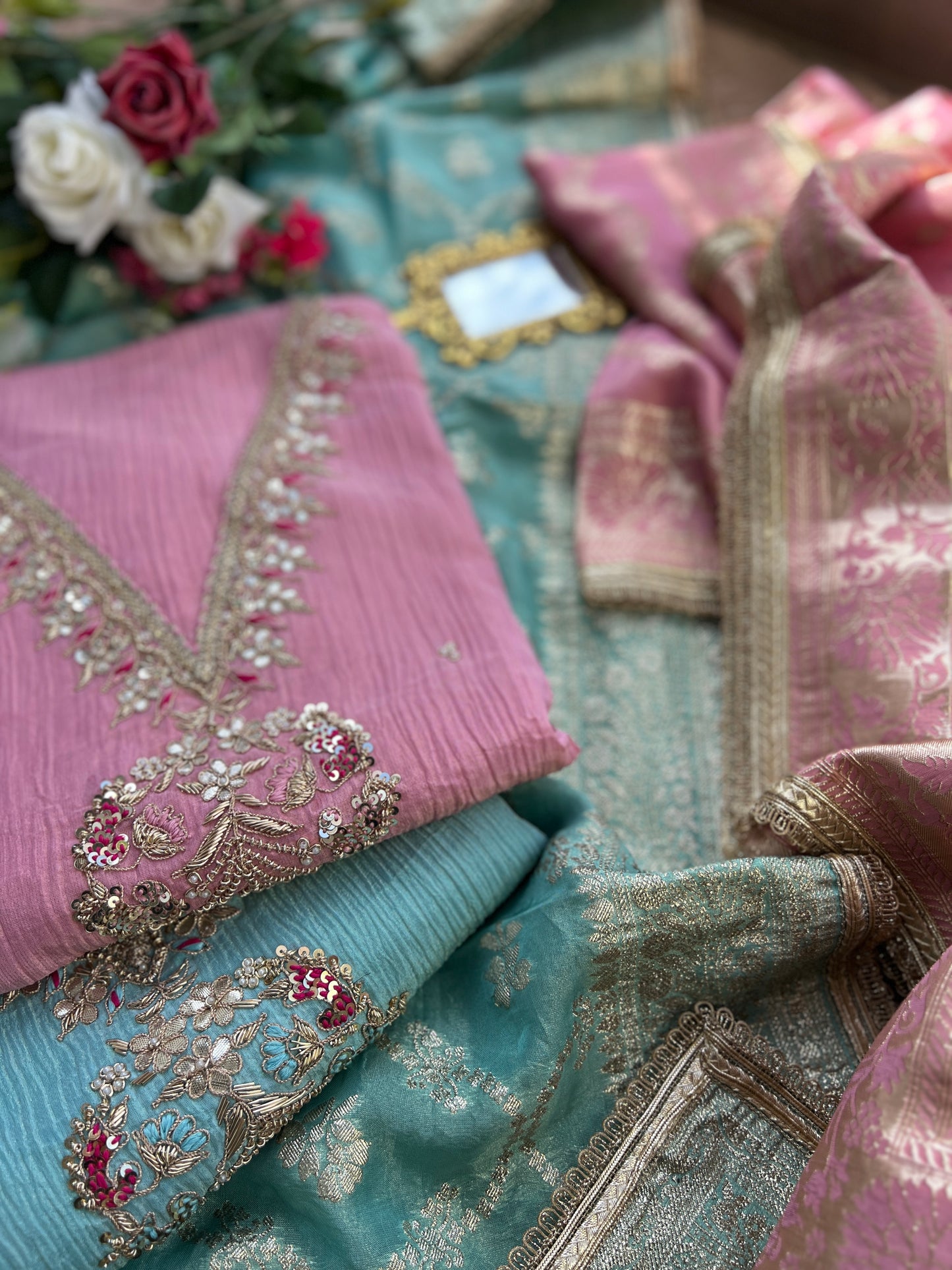 Exquisite Crushed Shimmer Silk Tissue Ensemble with Elegant Handwork