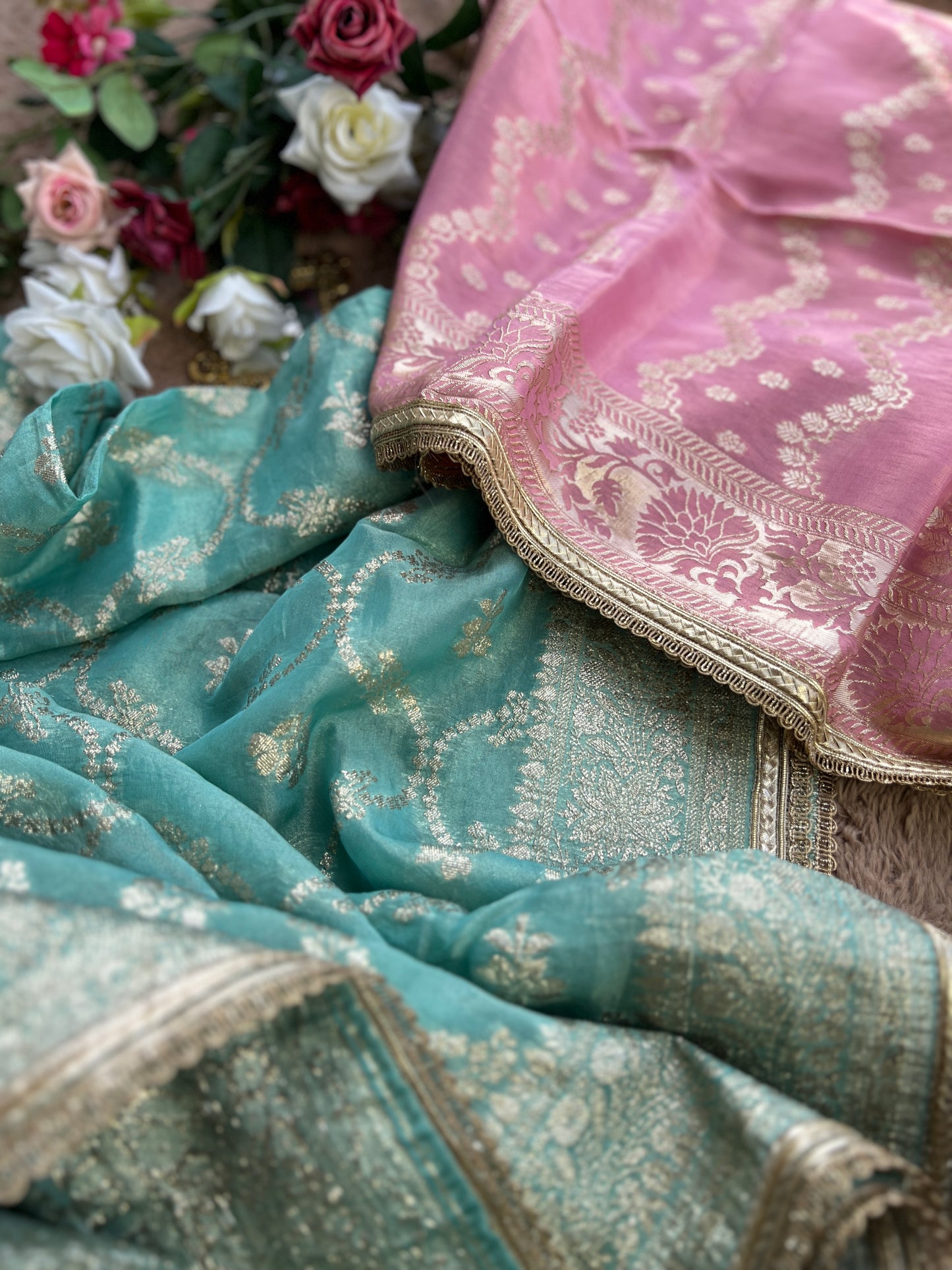 Exquisite Crushed Shimmer Silk Tissue Ensemble with Elegant Handwork