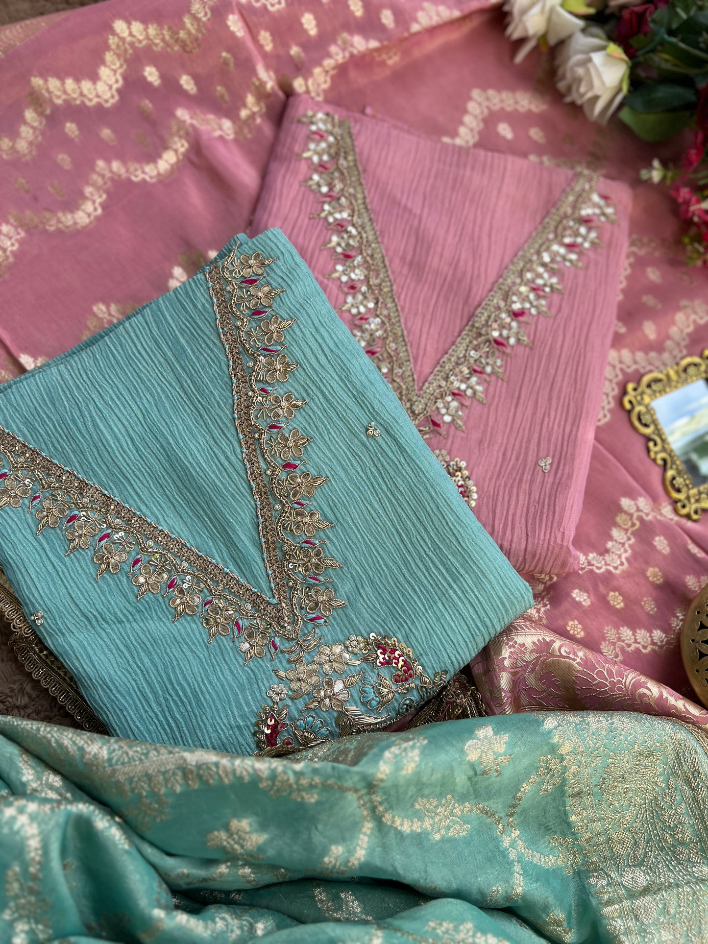 Exquisite Crushed Shimmer Silk Tissue Ensemble with Elegant Handwork