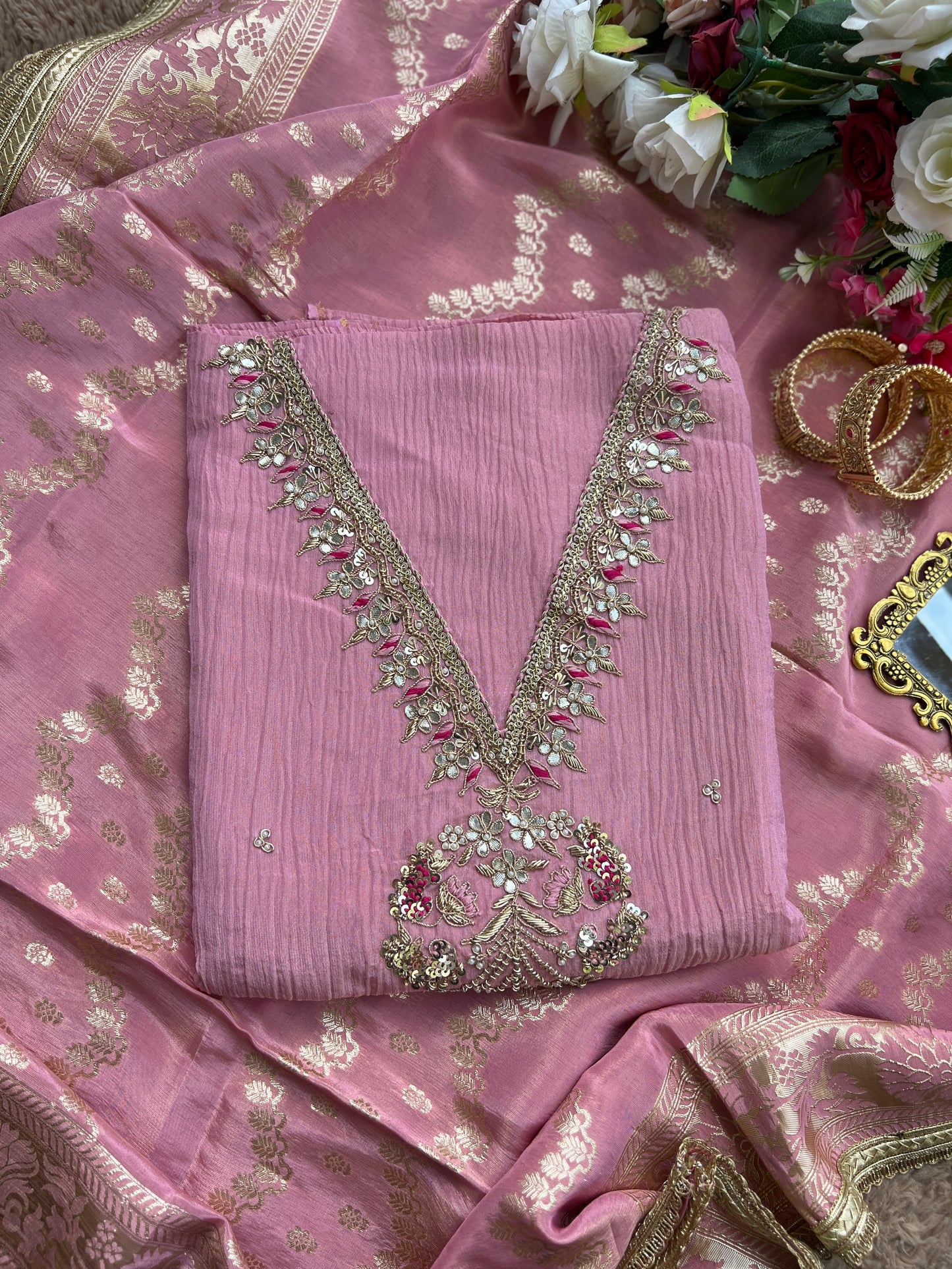 Exquisite Crushed Shimmer Silk Tissue Ensemble with Elegant Handwork
