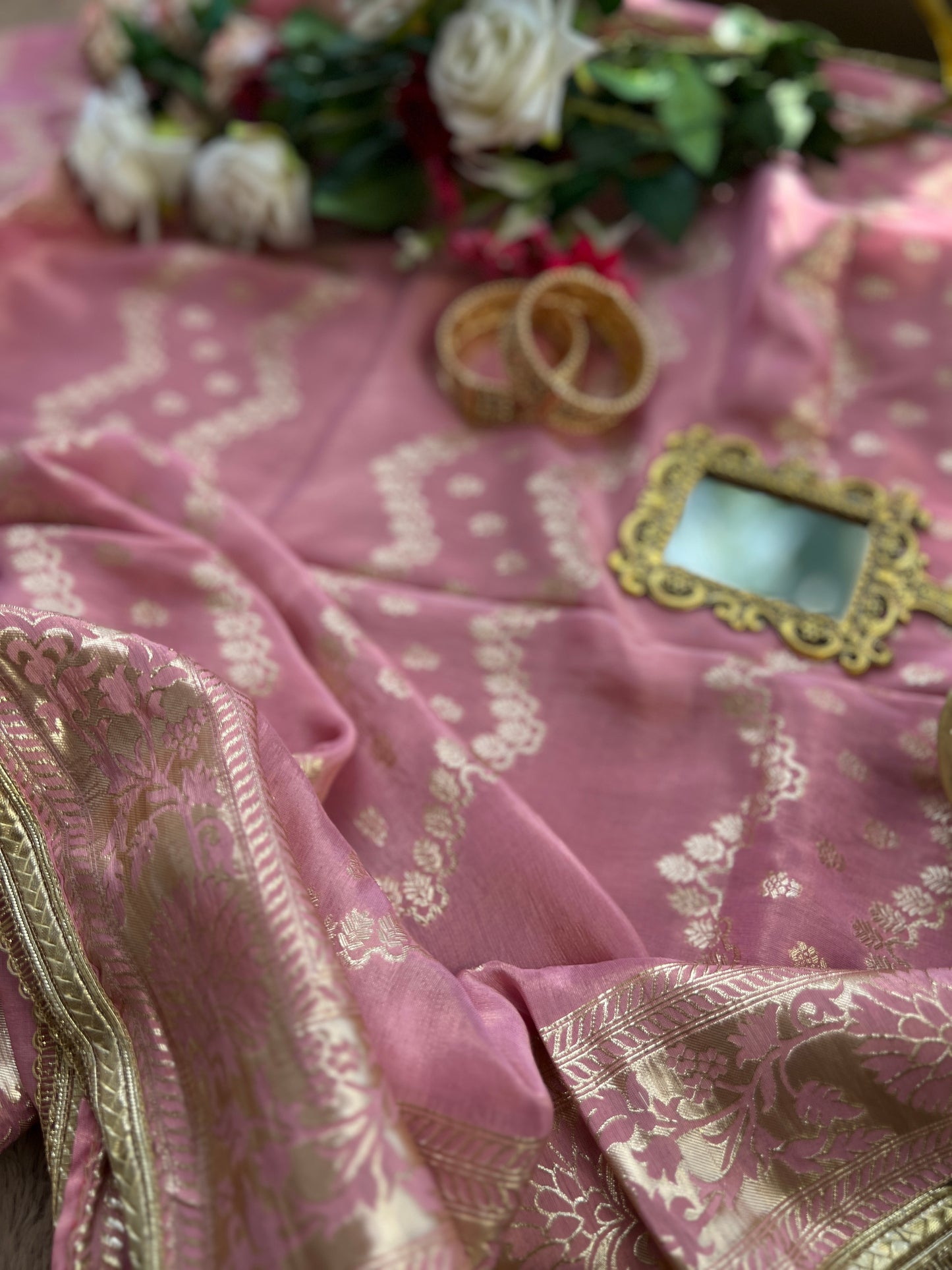Exquisite Crushed Shimmer Silk Tissue Ensemble with Elegant Handwork
