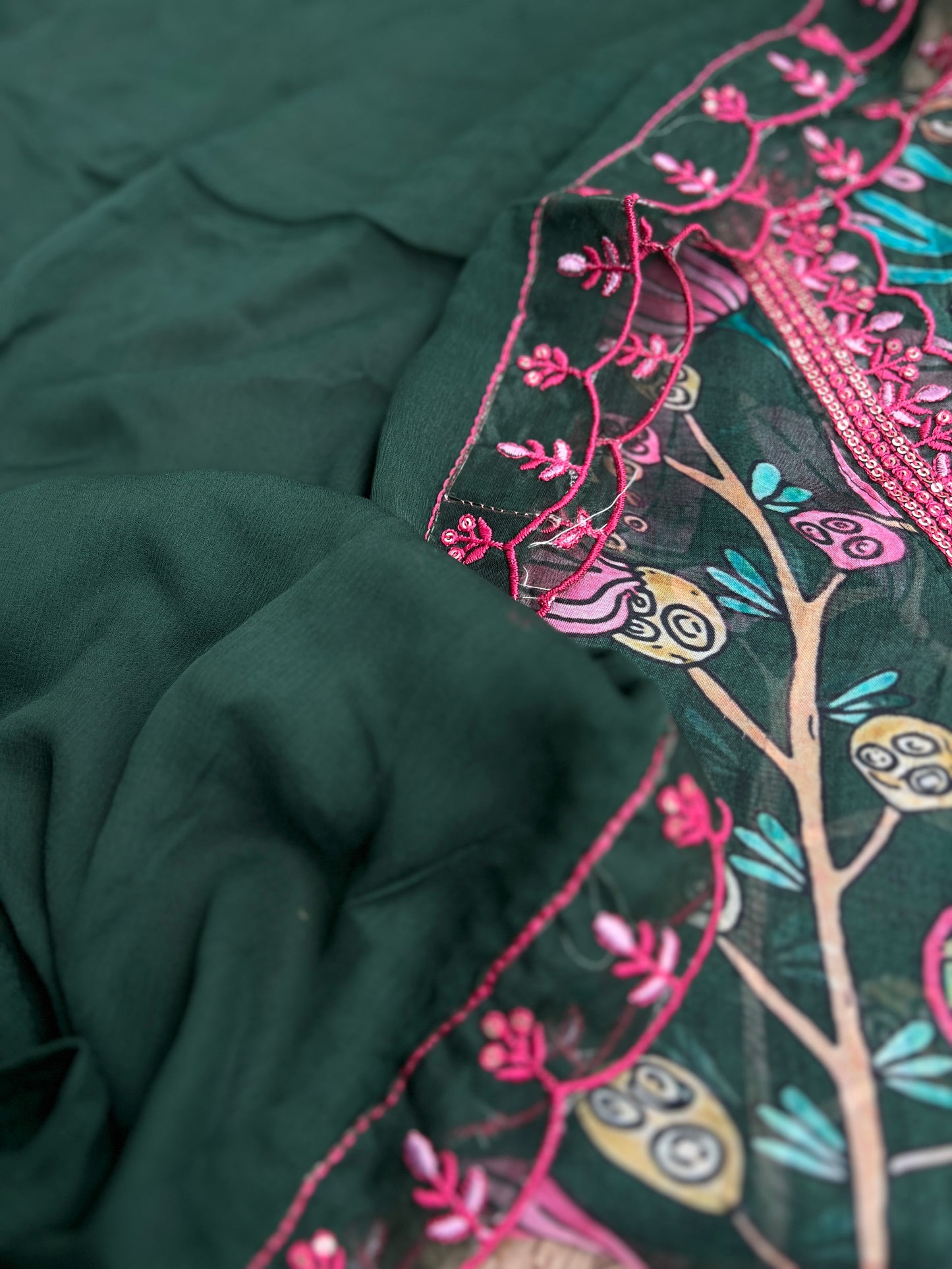 V Neck Green pink Floral Semistiched Salwar Suit