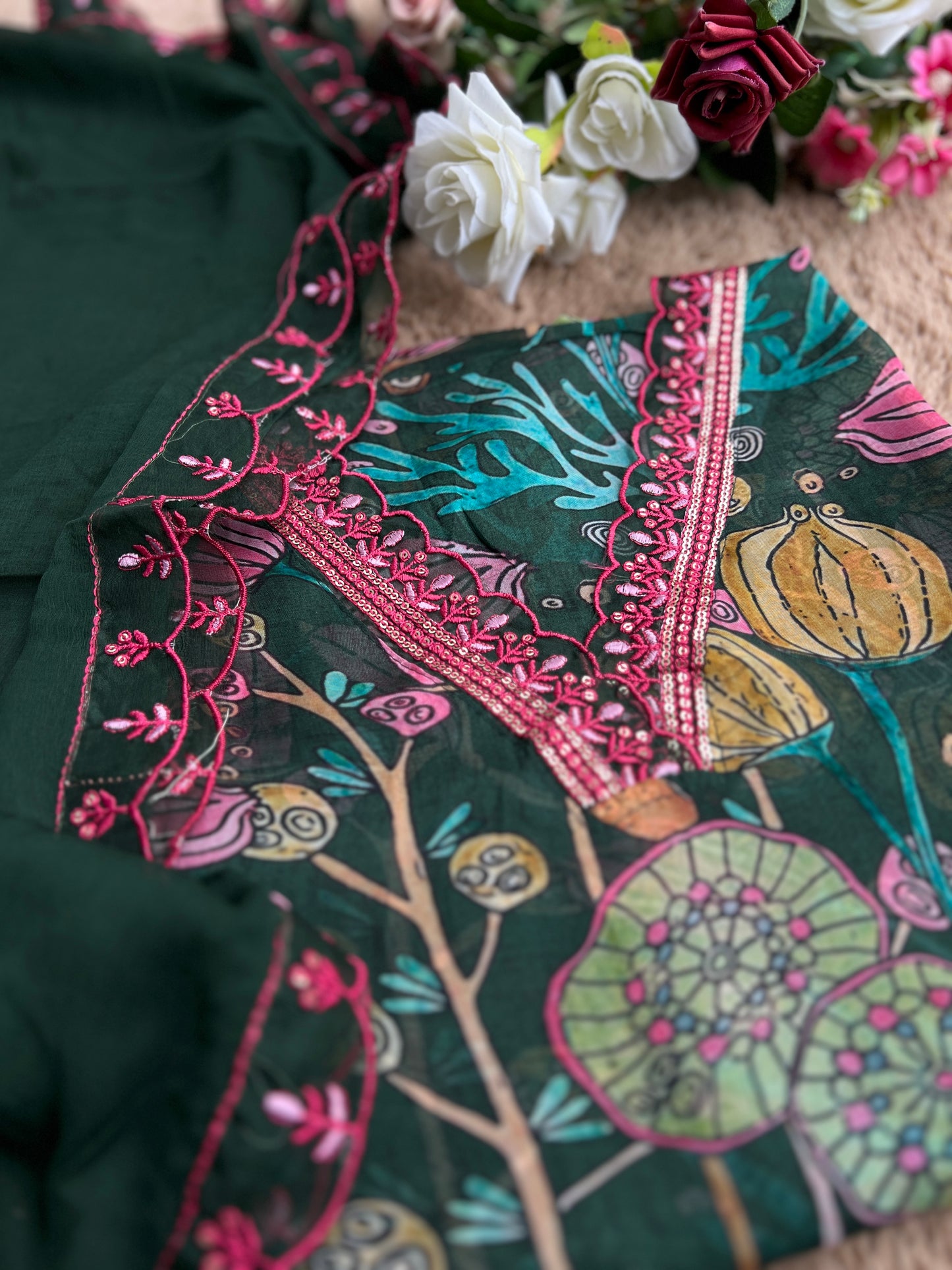 V Neck Green pink Floral Semistiched Salwar Suit