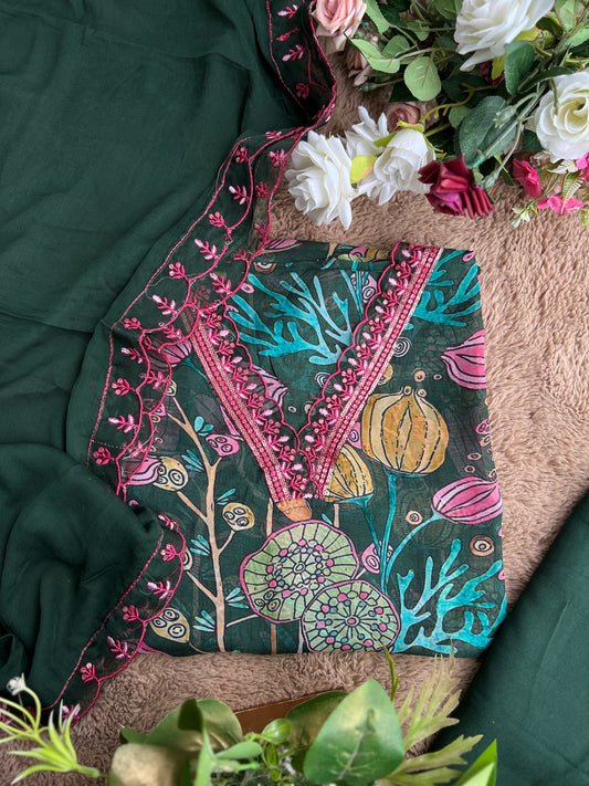 V Neck Green pink Floral Semistiched Salwar Suit