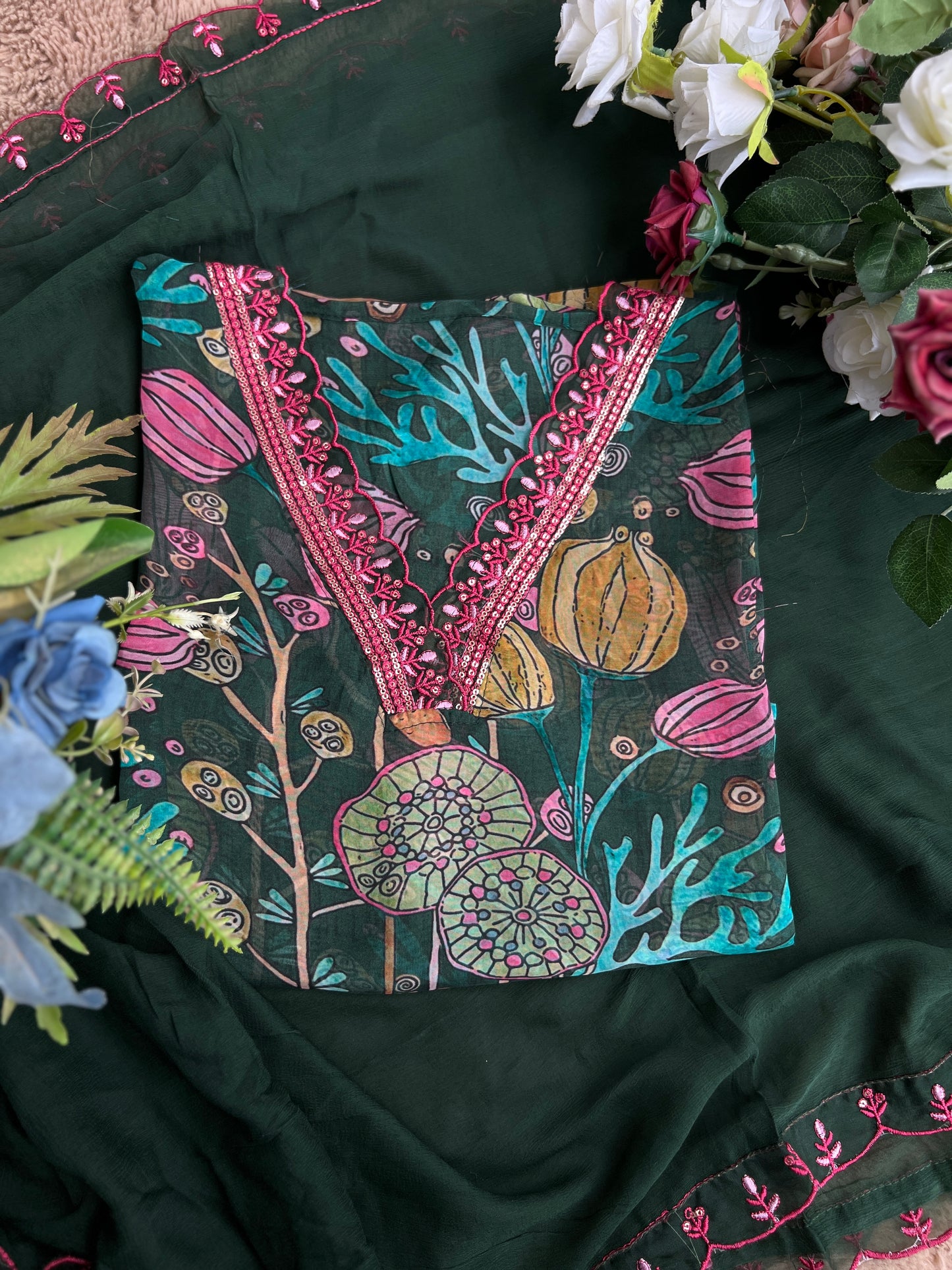 V Neck Green pink Floral Semistiched Salwar Suit