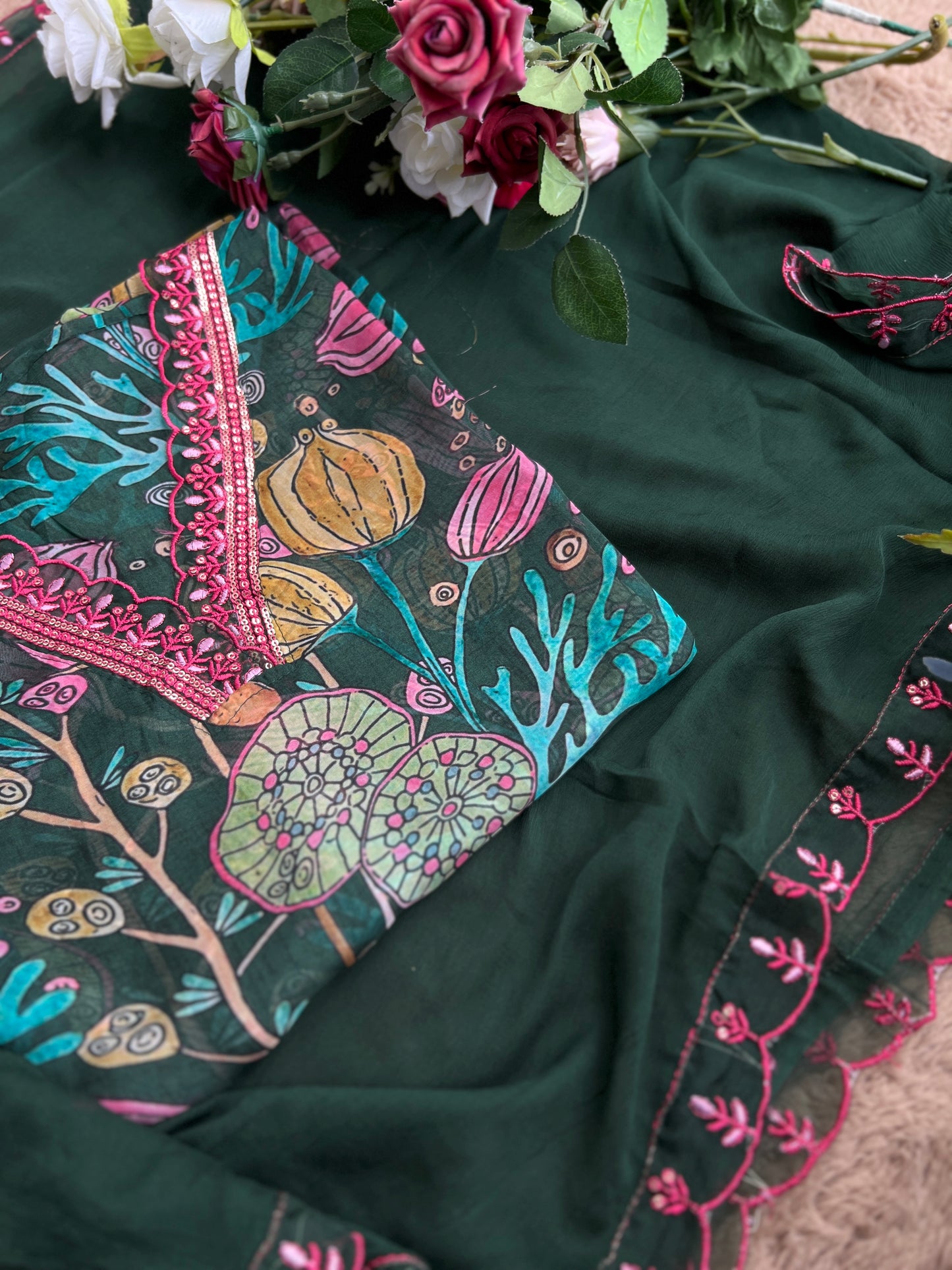 V Neck Green pink Floral Semistiched Salwar Suit