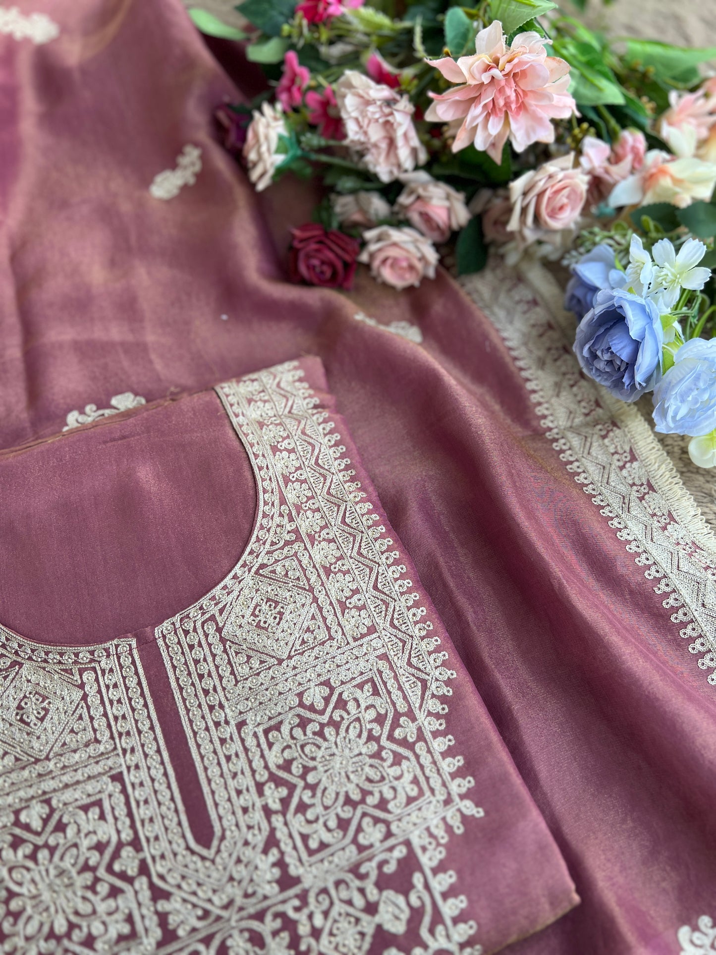 Luxe Shimmer Silk with Lace & Embroidered Detailing