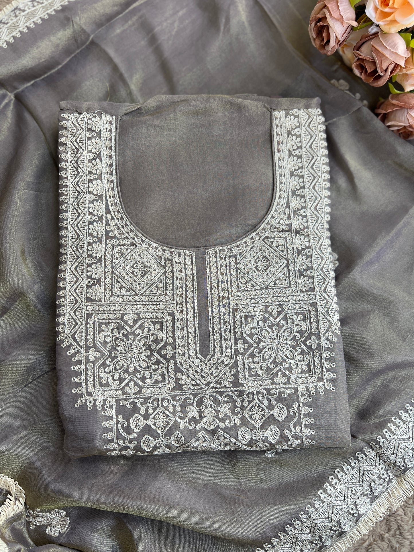 Luxe Shimmer Silk with Lace & Embroidered Detailing