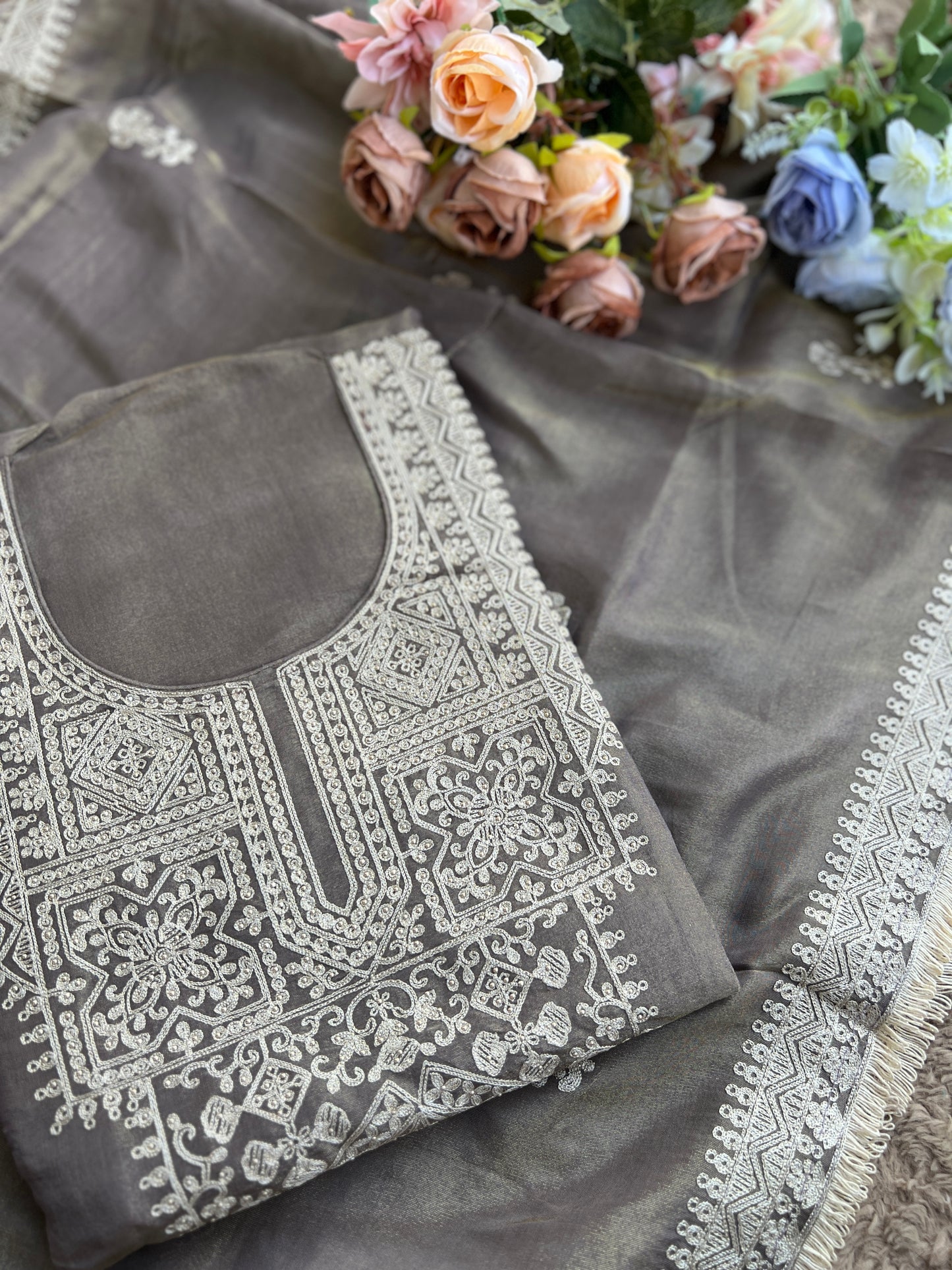 Luxe Shimmer Silk with Lace & Embroidered Detailing