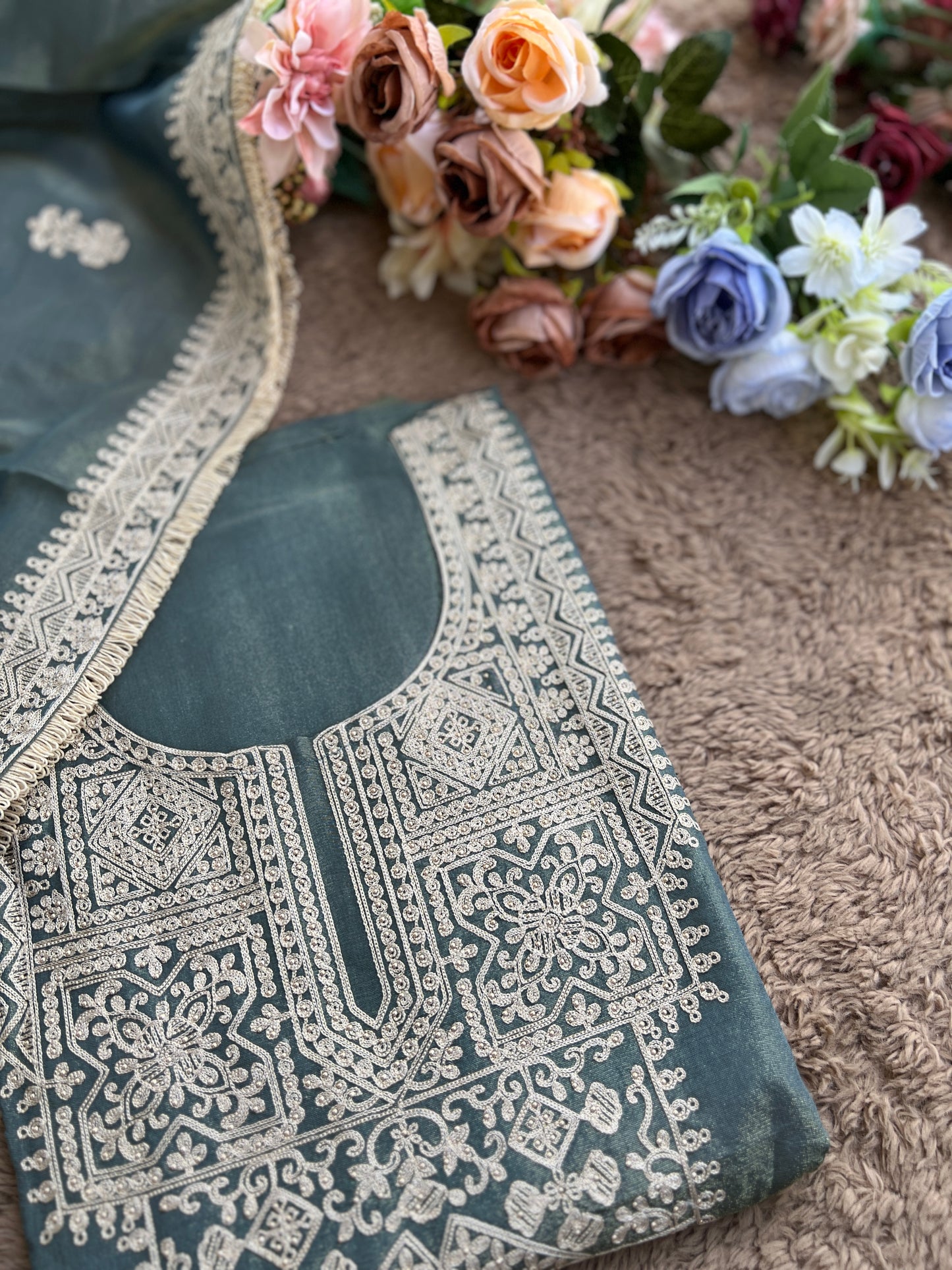 Luxe Shimmer Silk with Lace & Embroidered Detailing