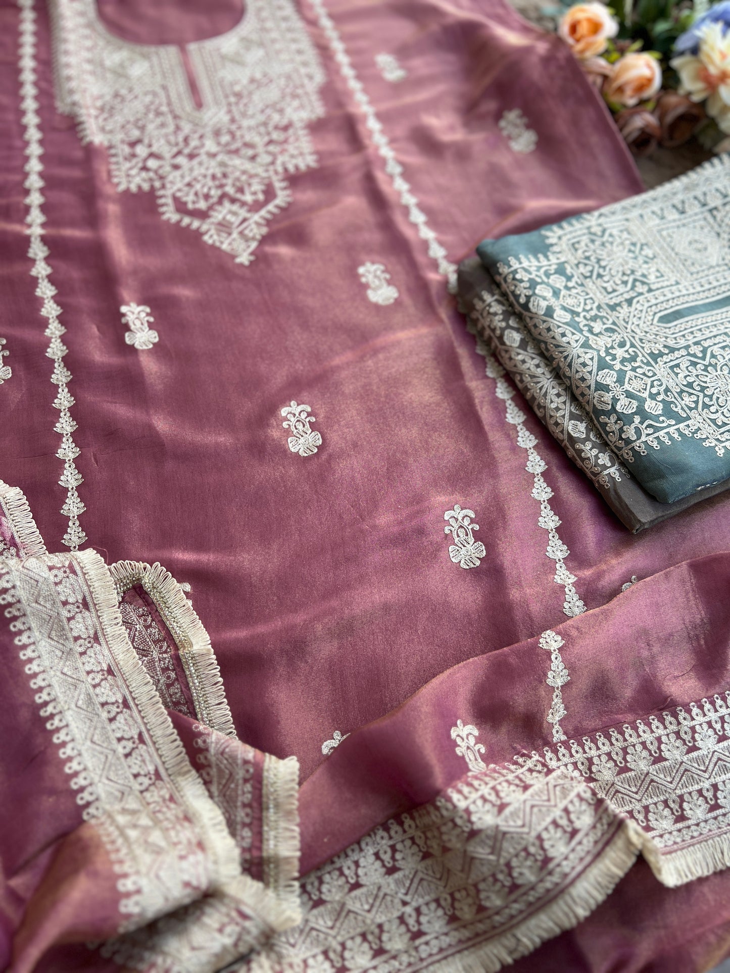 Luxe Shimmer Silk with Lace & Embroidered Detailing
