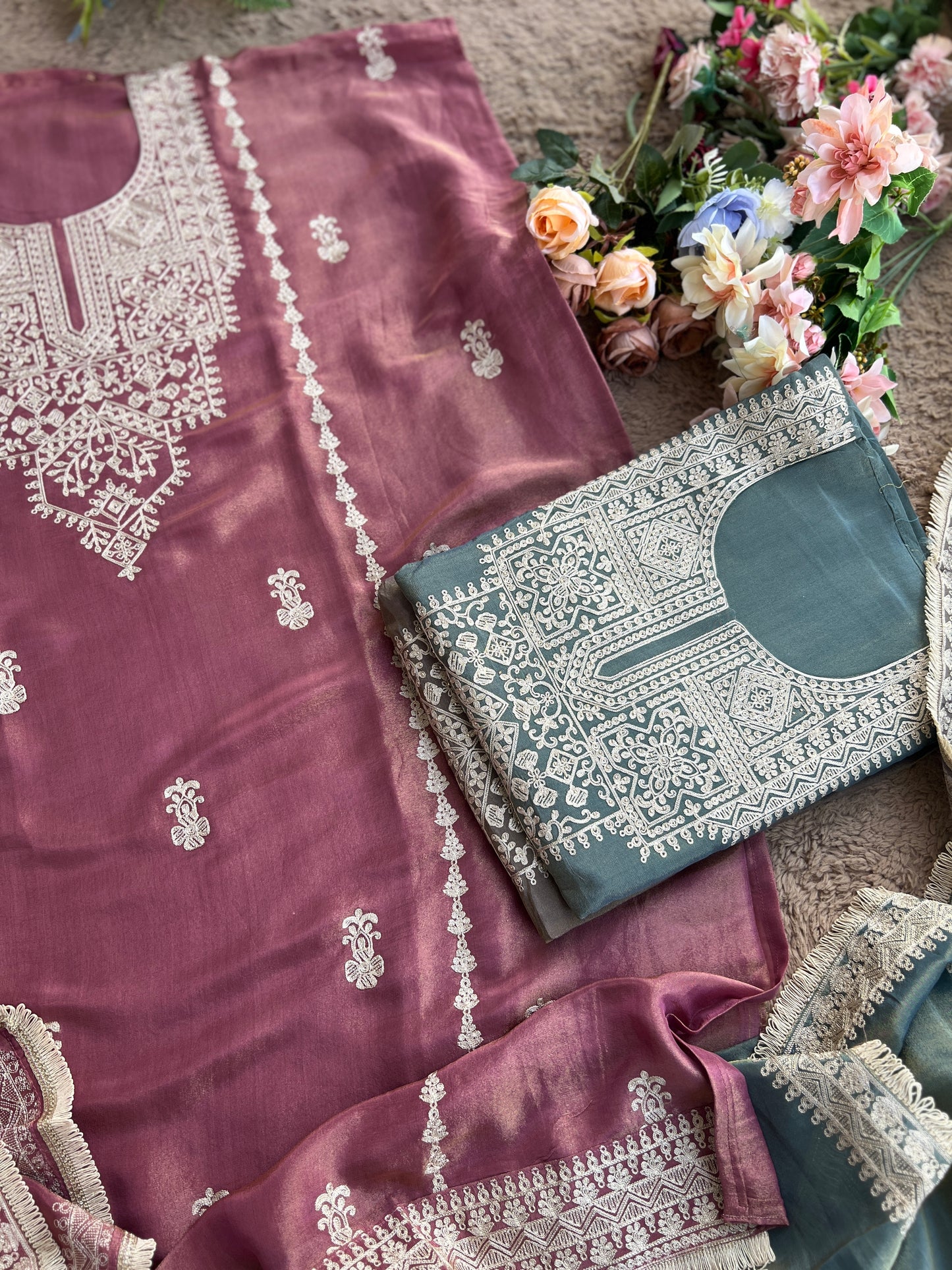 Luxe Shimmer Silk with Lace & Embroidered Detailing