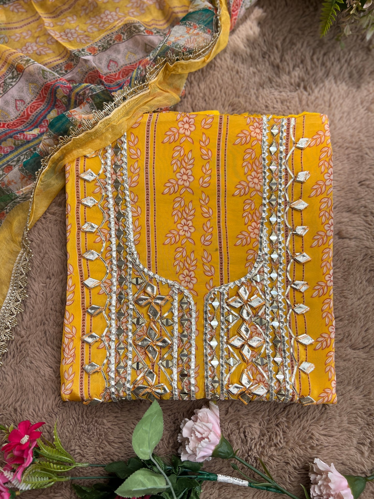 Floral Printed Crepe Gotapatti Suit with Chiffon Dupatta Ensemble