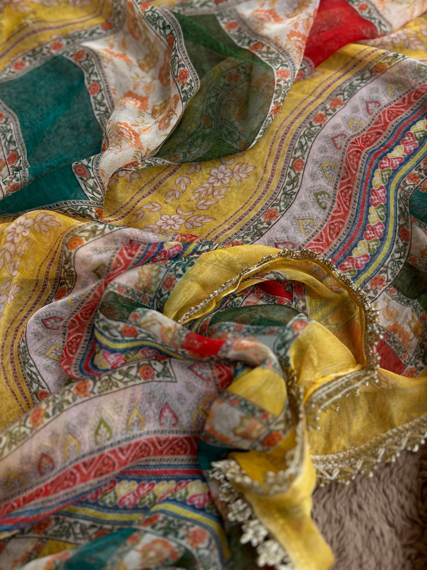 Floral Printed Crepe Gotapatti Suit with Chiffon Dupatta Ensemble