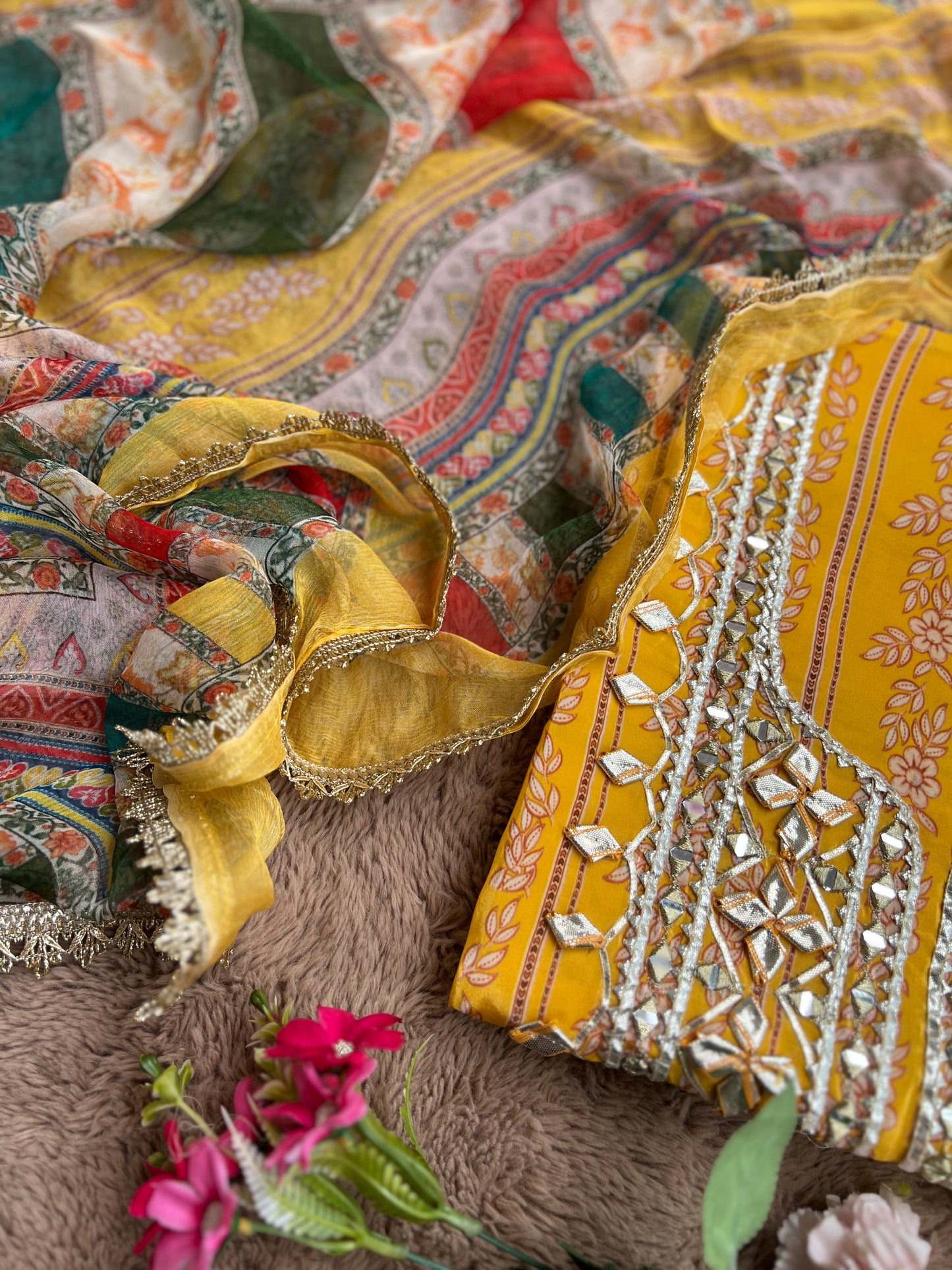 Floral Printed Crepe Gotapatti Suit with Chiffon Dupatta Ensemble
