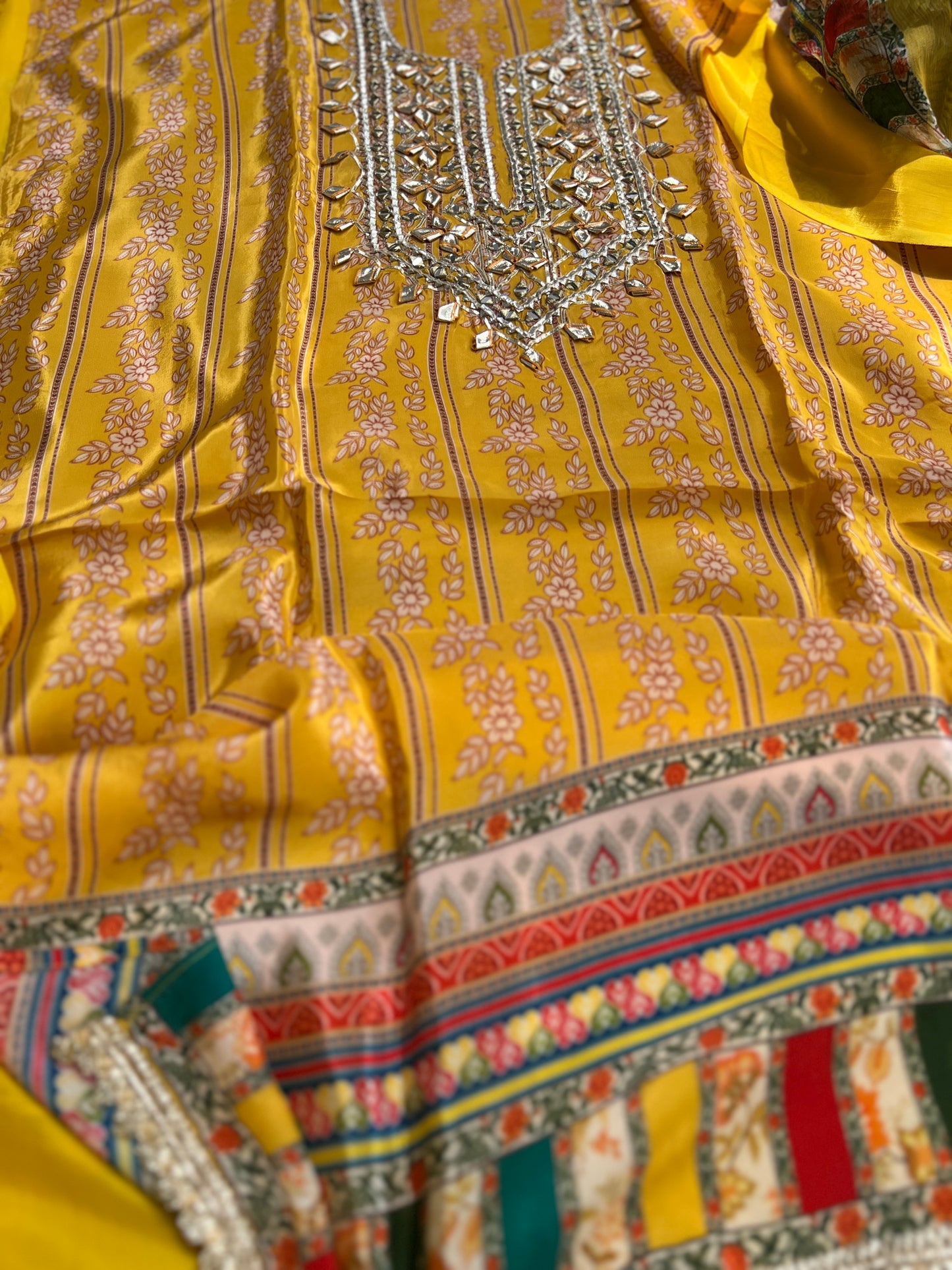 Floral Printed Crepe Gotapatti Suit with Chiffon Dupatta Ensemble