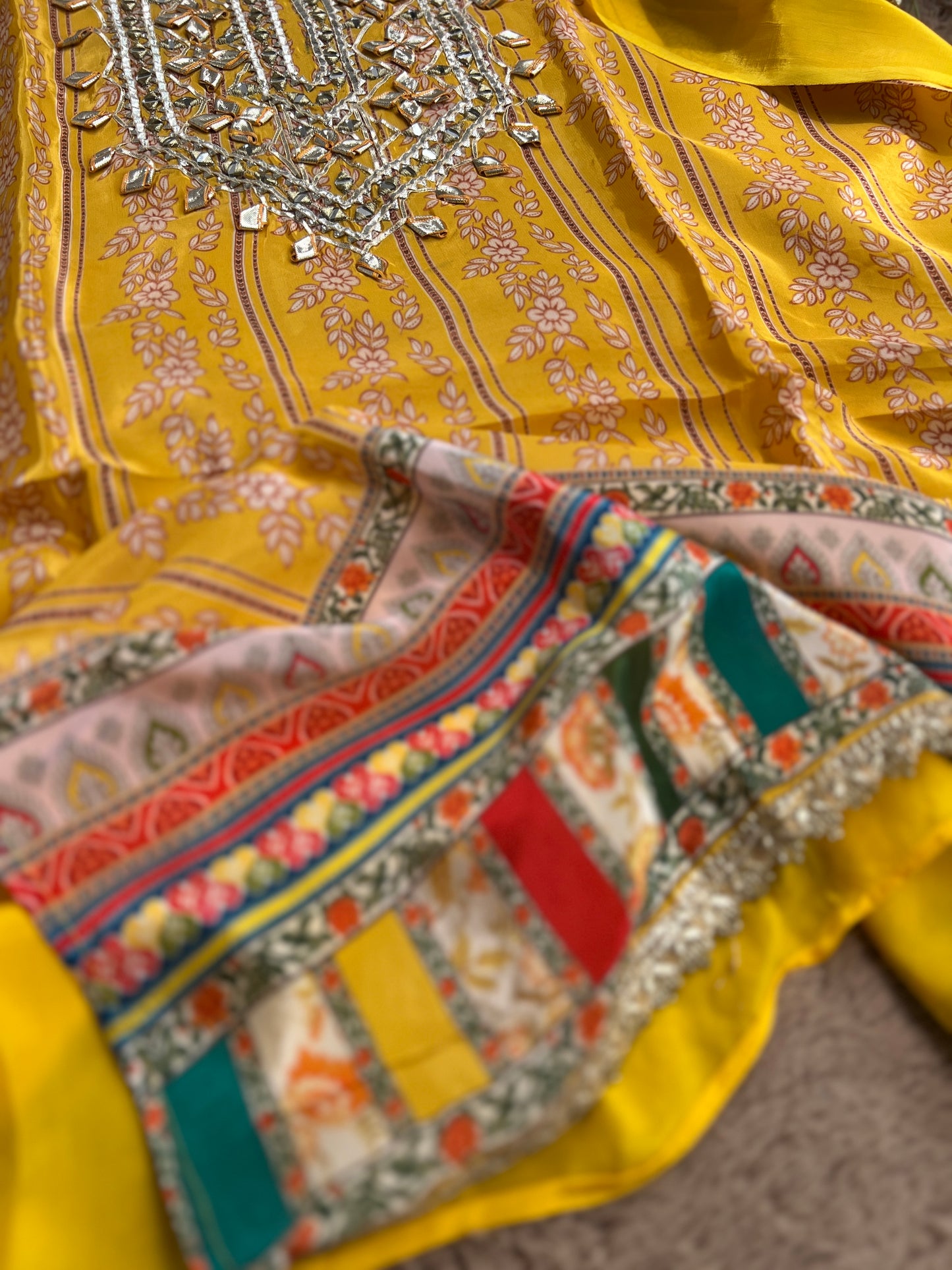 Floral Printed Crepe Gotapatti Suit with Chiffon Dupatta Ensemble