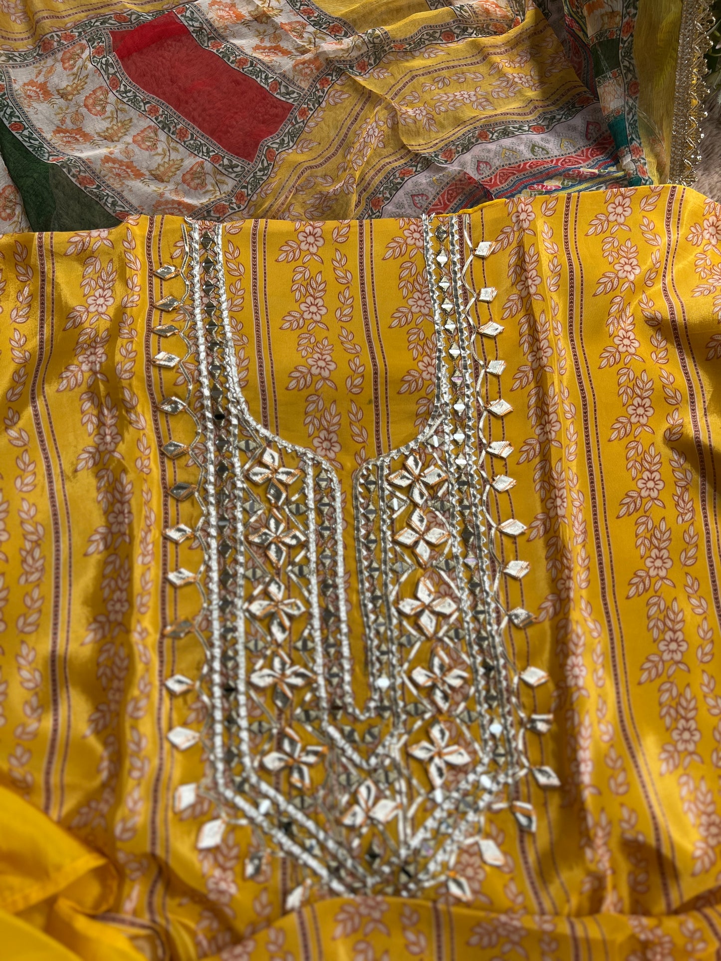 Floral Printed Crepe Gotapatti Suit with Chiffon Dupatta Ensemble