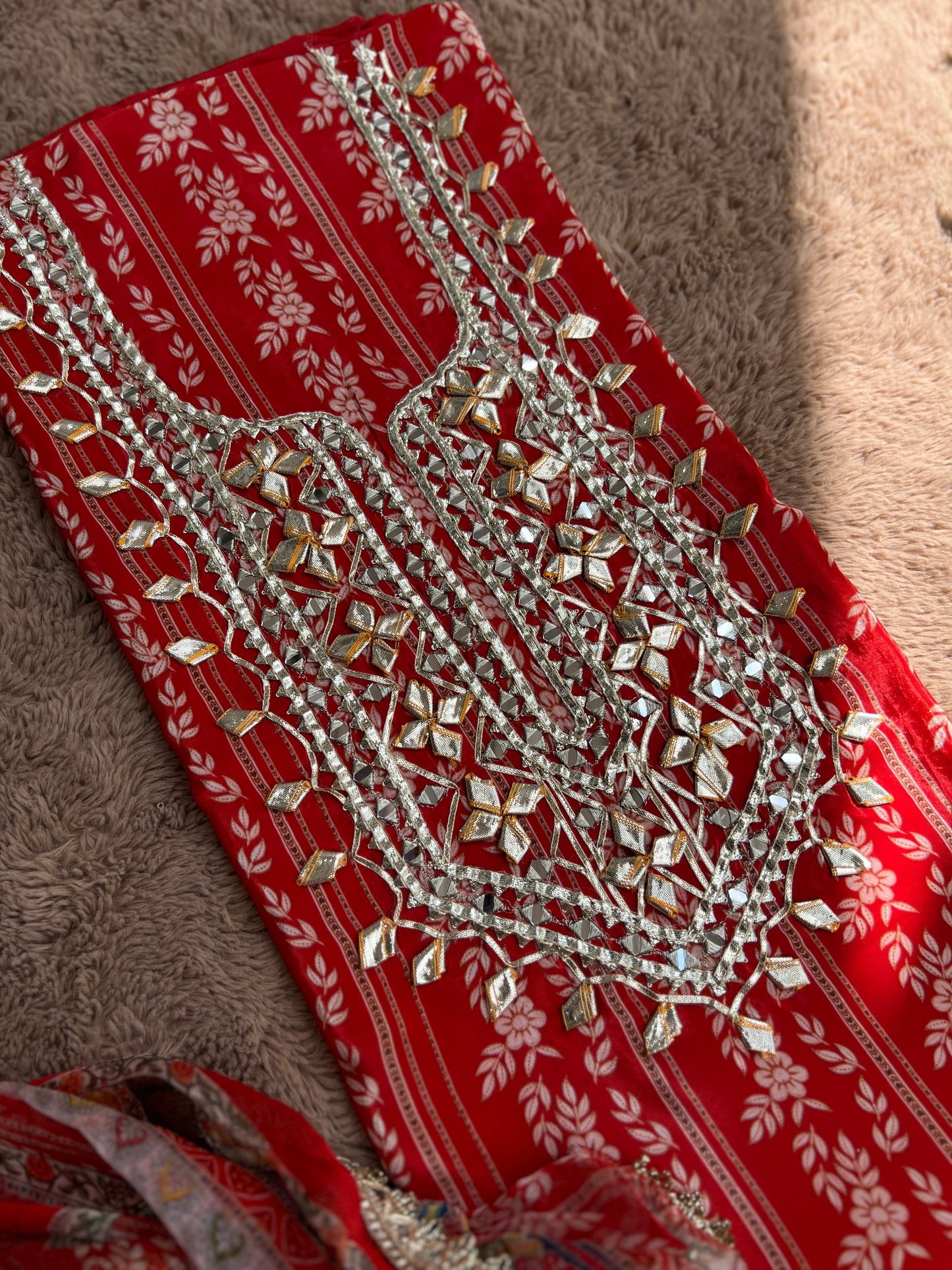 Floral Printed Crepe Gotapatti Suit with Chiffon Dupatta Ensemble
