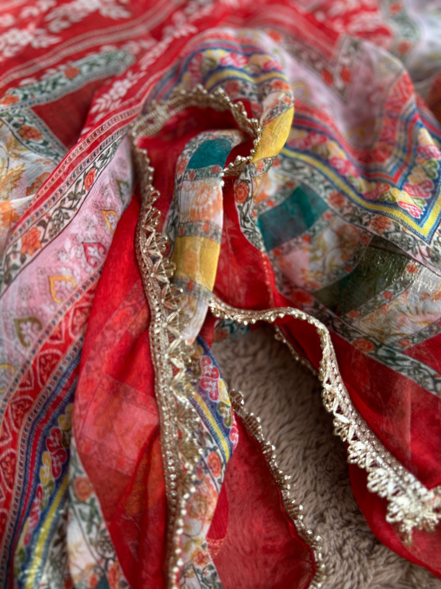 Floral Printed Crepe Gotapatti Suit with Chiffon Dupatta Ensemble