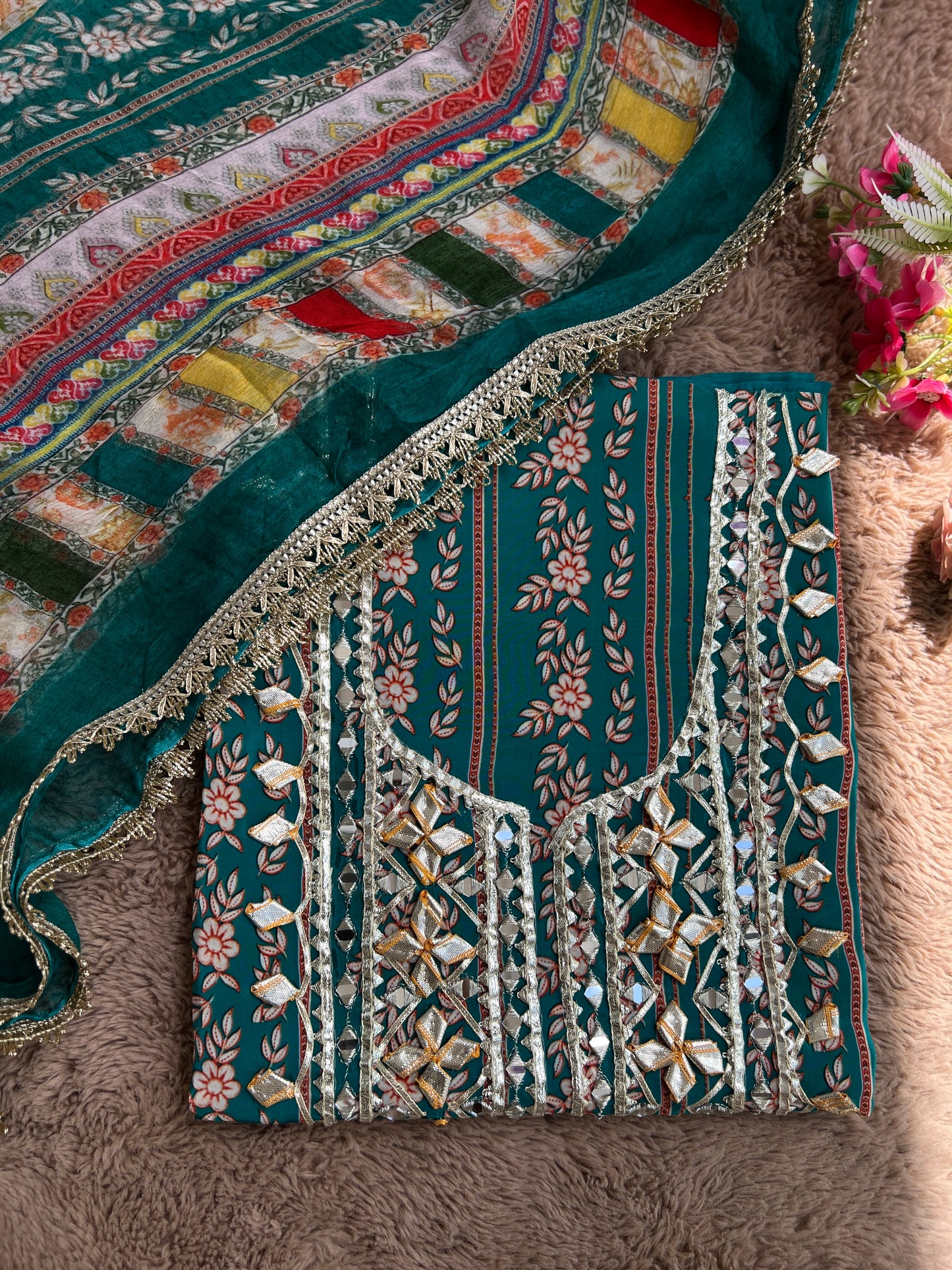 Floral Printed Crepe Gotapatti Suit with Chiffon Dupatta Ensemble