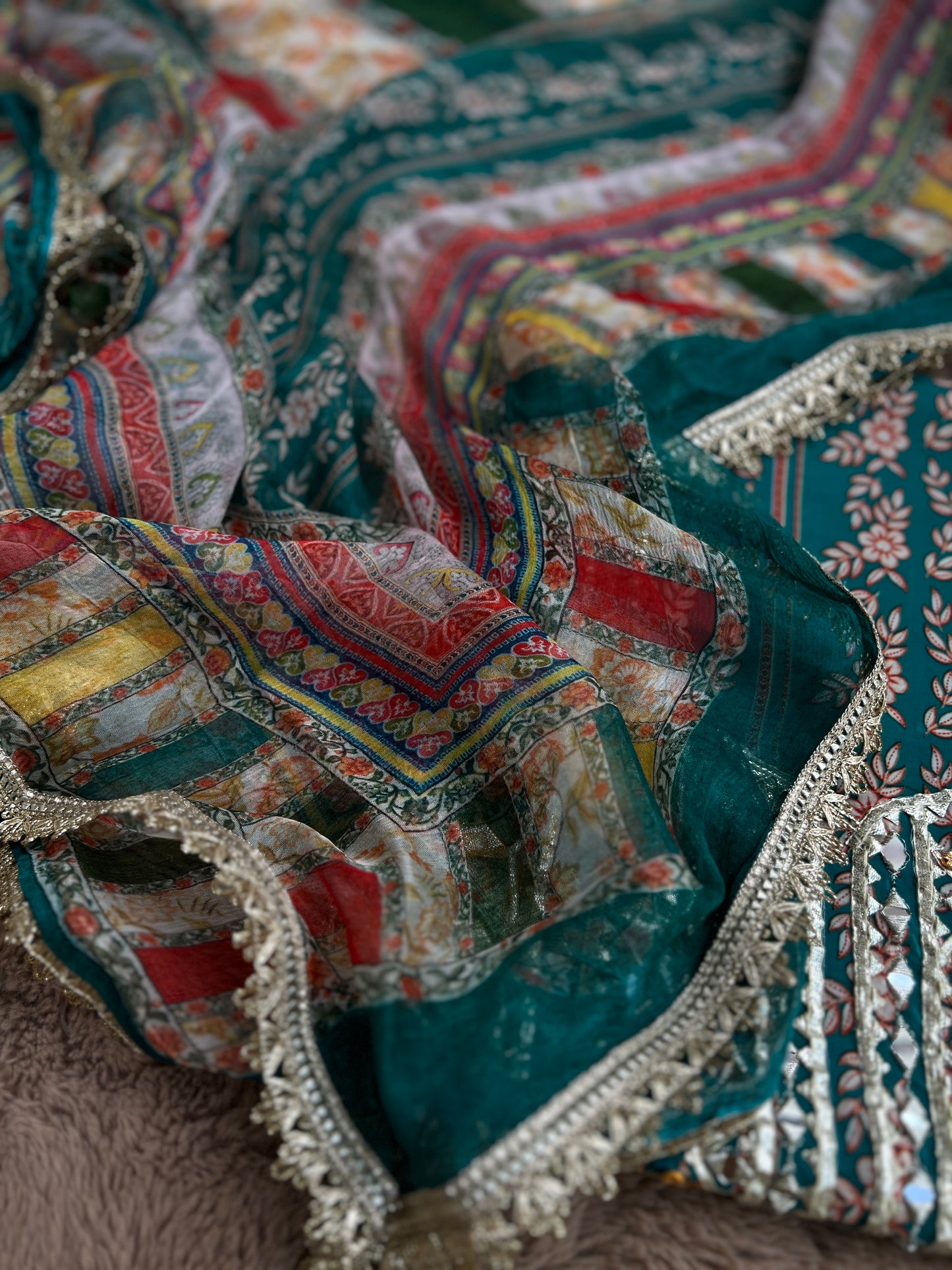 Floral Printed Crepe Gotapatti Suit with Chiffon Dupatta Ensemble