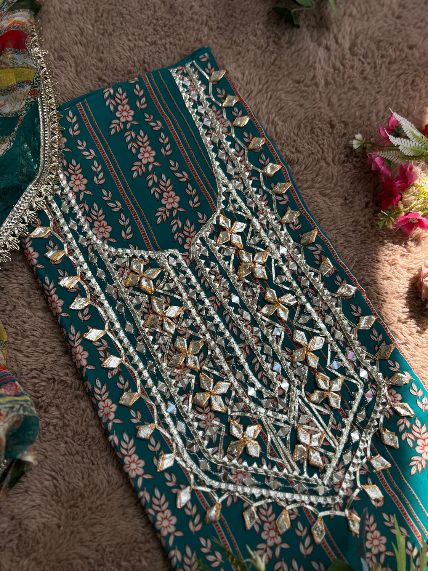 Floral Printed Crepe Gotapatti Suit with Chiffon Dupatta Ensemble
