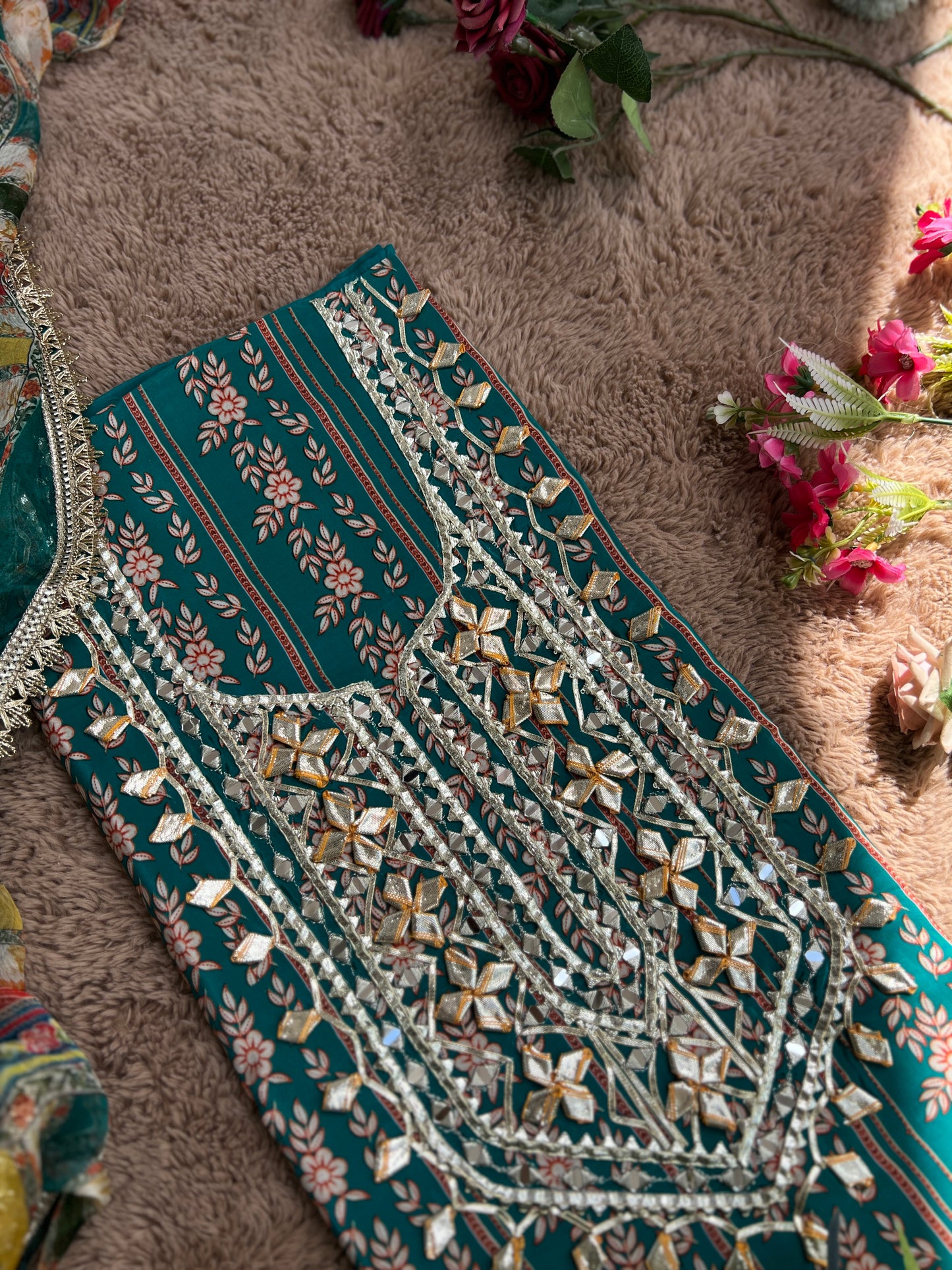 Floral Printed Crepe Gotapatti Suit with Chiffon Dupatta Ensemble