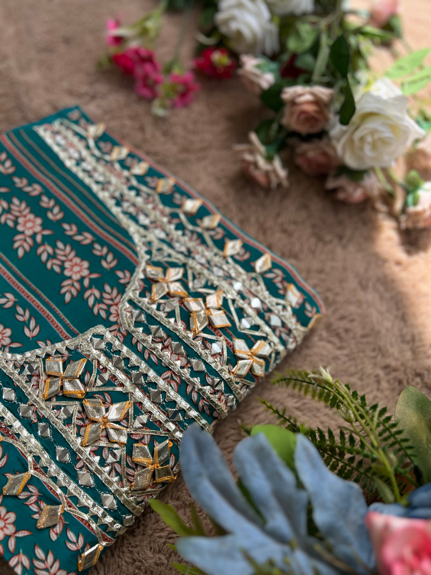 Floral Printed Crepe Gotapatti Suit with Chiffon Dupatta Ensemble