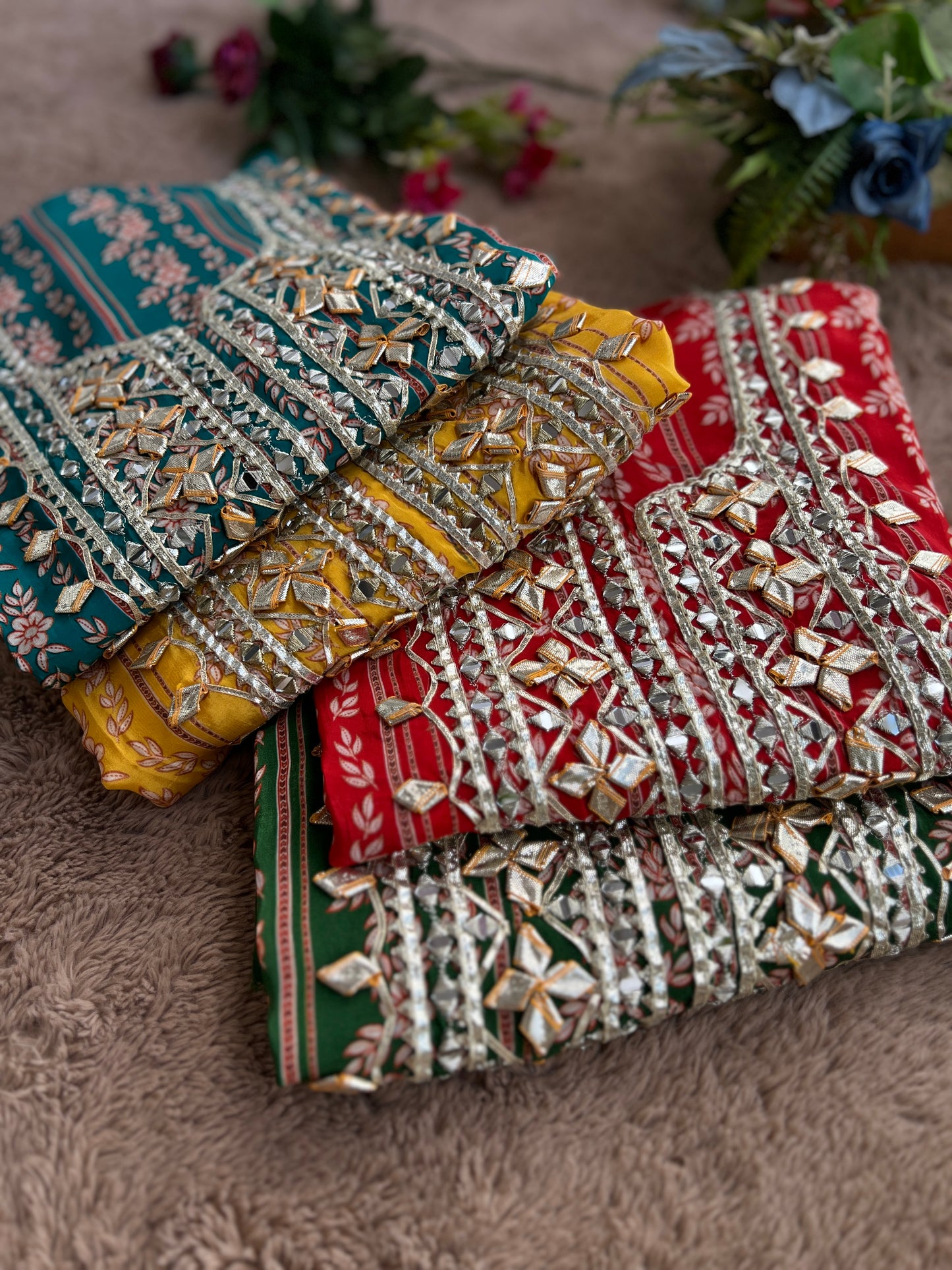 Floral Printed Crepe Gotapatti Suit with Chiffon Dupatta Ensemble