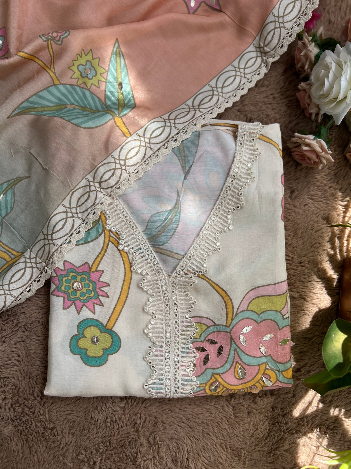 Floral Maslim Semi-Stitched Suit with Elegant Dupatta