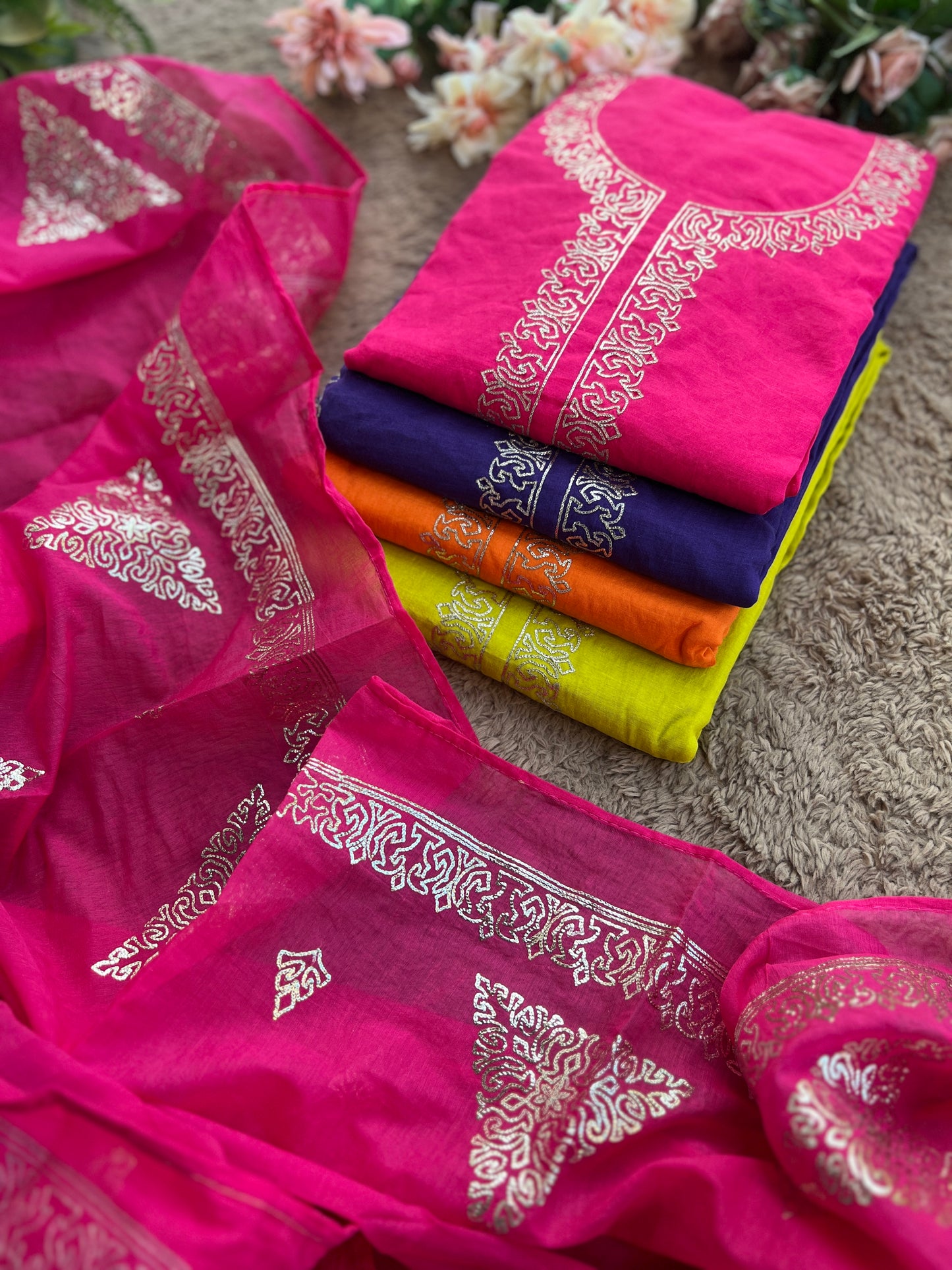 Vibrant Mal Chanderi Suits with Elegant Pitta Work Detailing