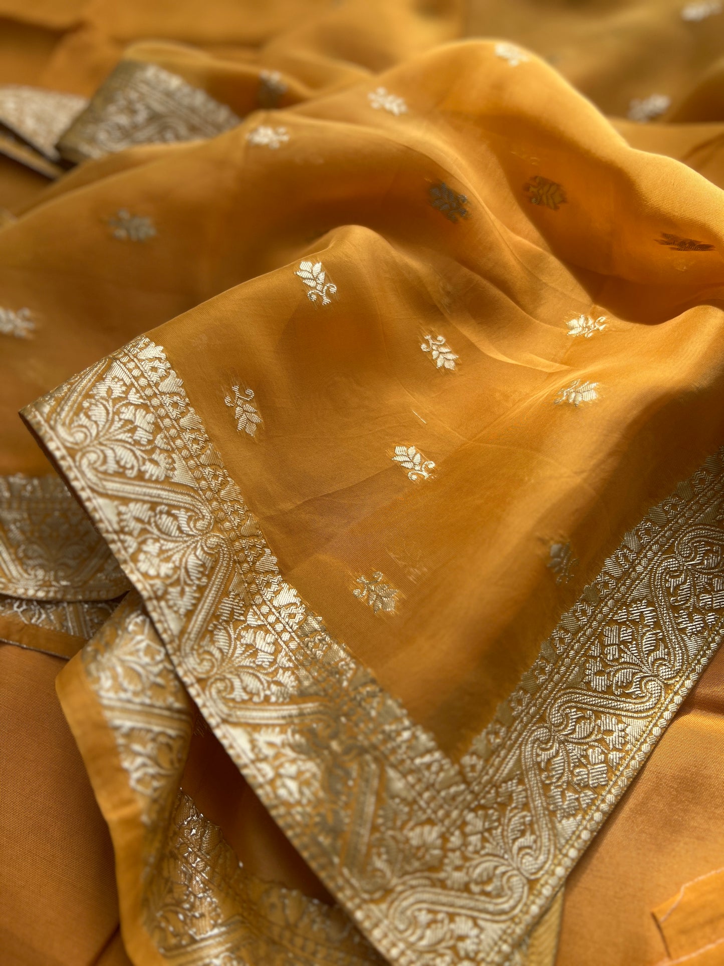 Radiant Yellow Russian Silk Suit with Stunning Tissue Banarasi Dupatta