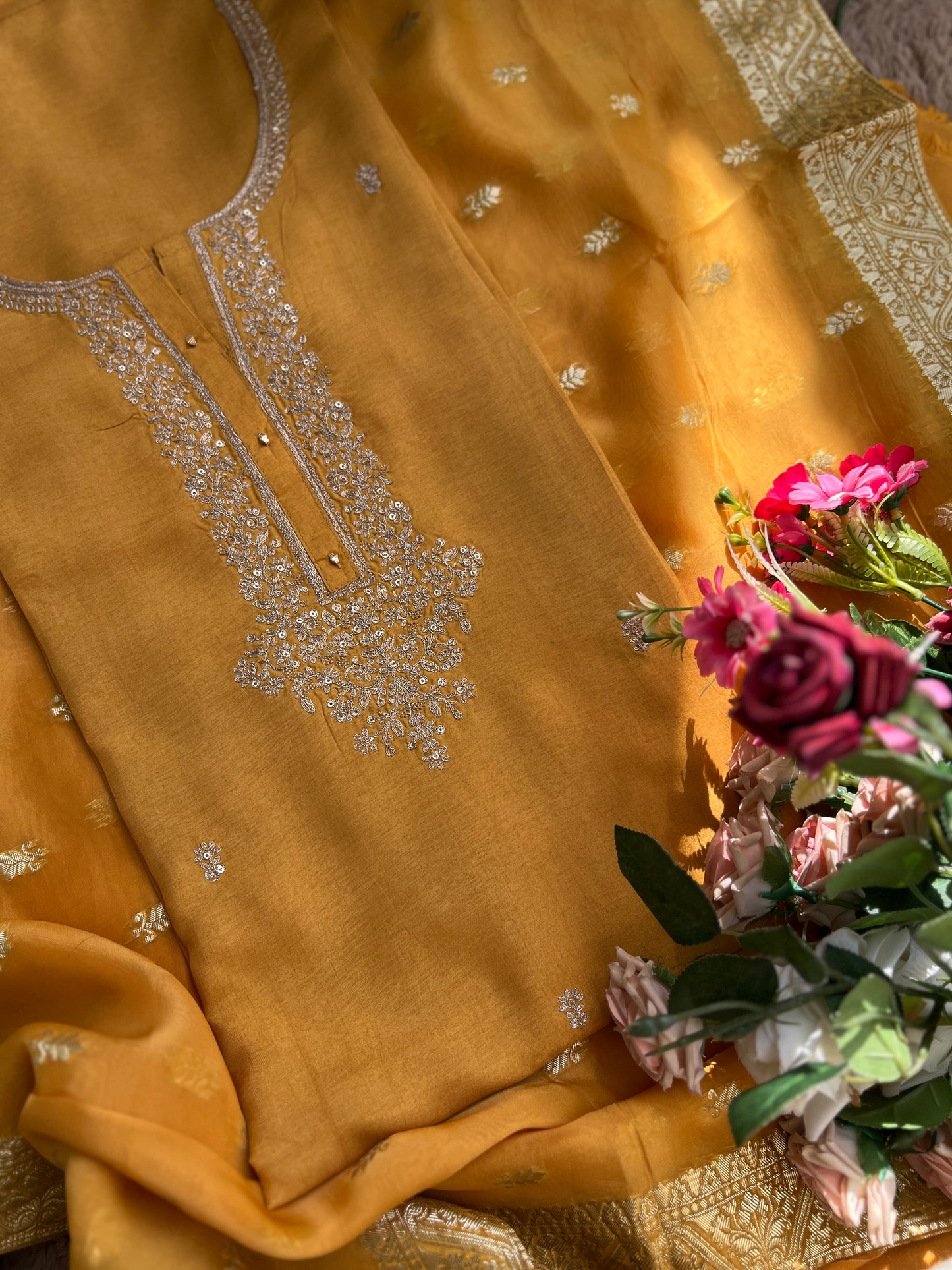 Radiant Yellow Russian Silk Suit with Stunning Tissue Banarasi Dupatta