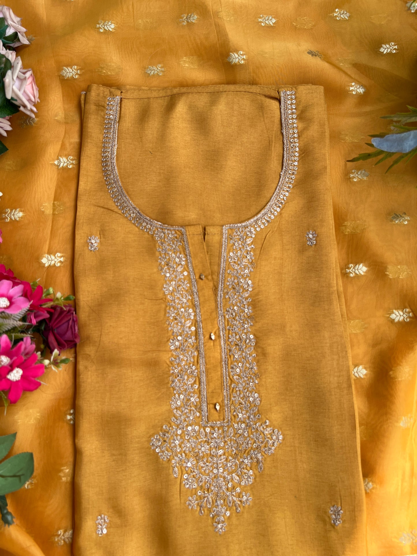 Radiant Yellow Russian Silk Suit with Stunning Tissue Banarasi Dupatta