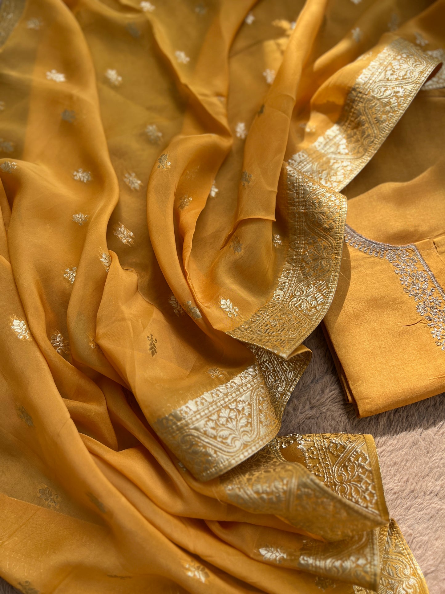 Radiant Yellow Russian Silk Suit with Stunning Tissue Banarasi Dupatta