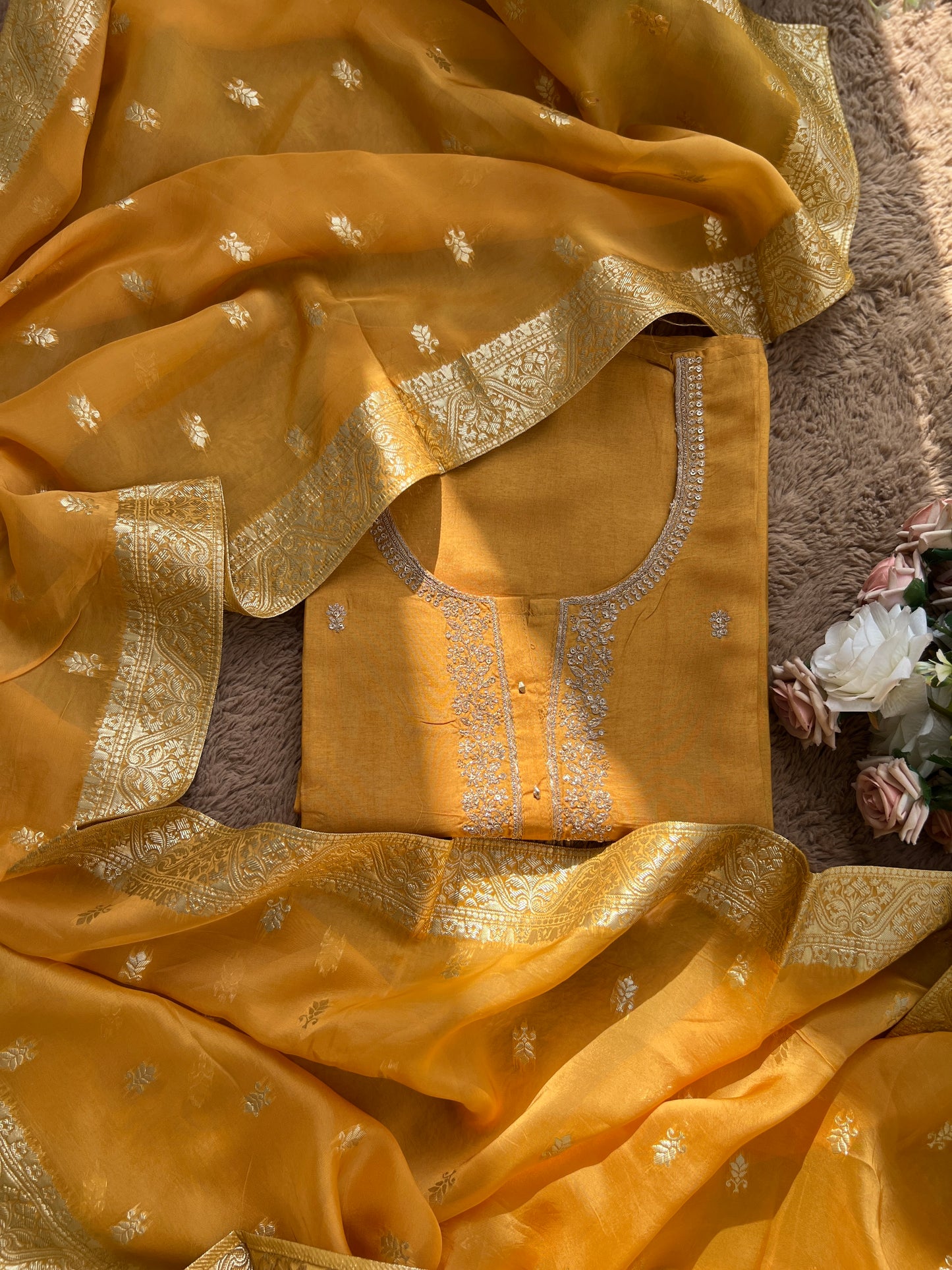 Radiant Yellow Russian Silk Suit with Stunning Tissue Banarasi Dupatta