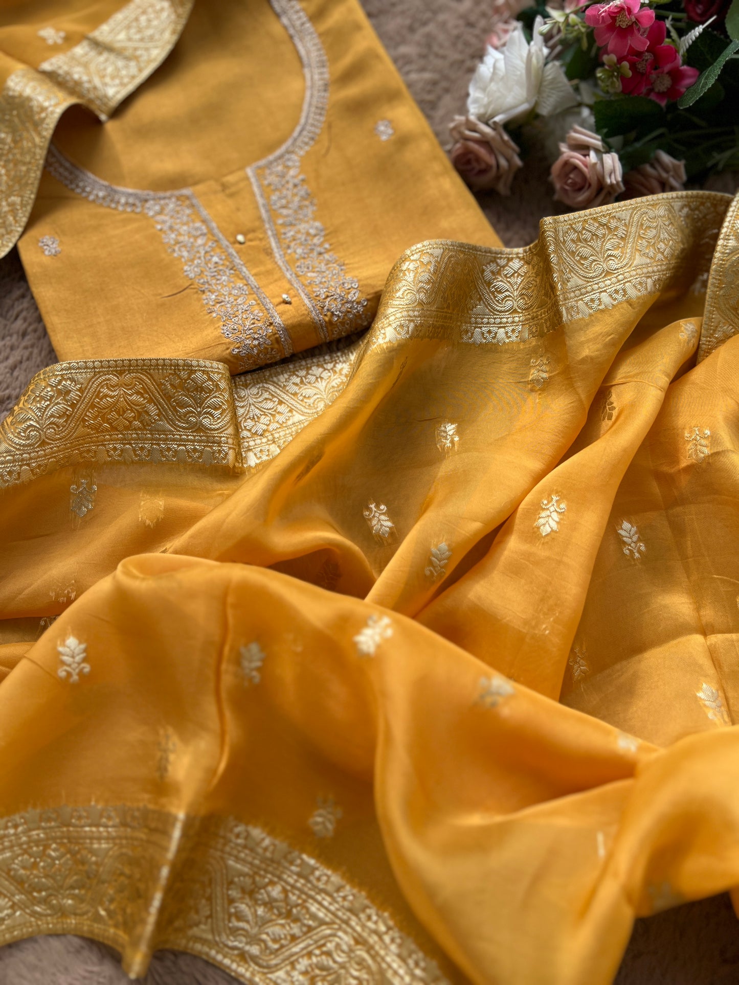 Radiant Yellow Russian Silk Suit with Stunning Tissue Banarasi Dupatta