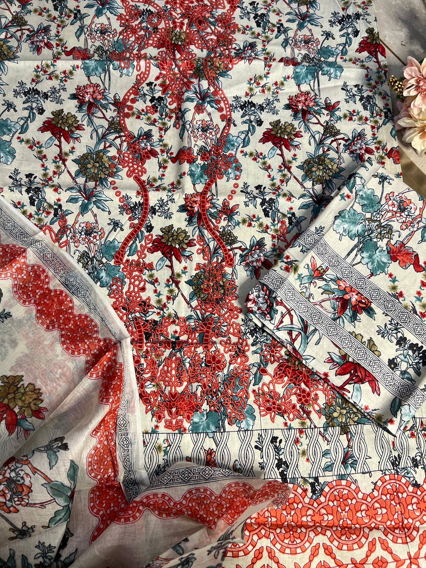 Ivory Red Floral Printed Unstiched Co-Ord Set with Dupatta