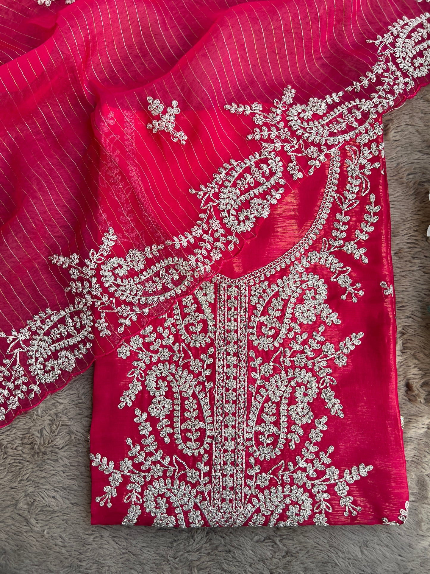 Radiant Red Shimmer Crepe with Exquisite Embroidery Elegance