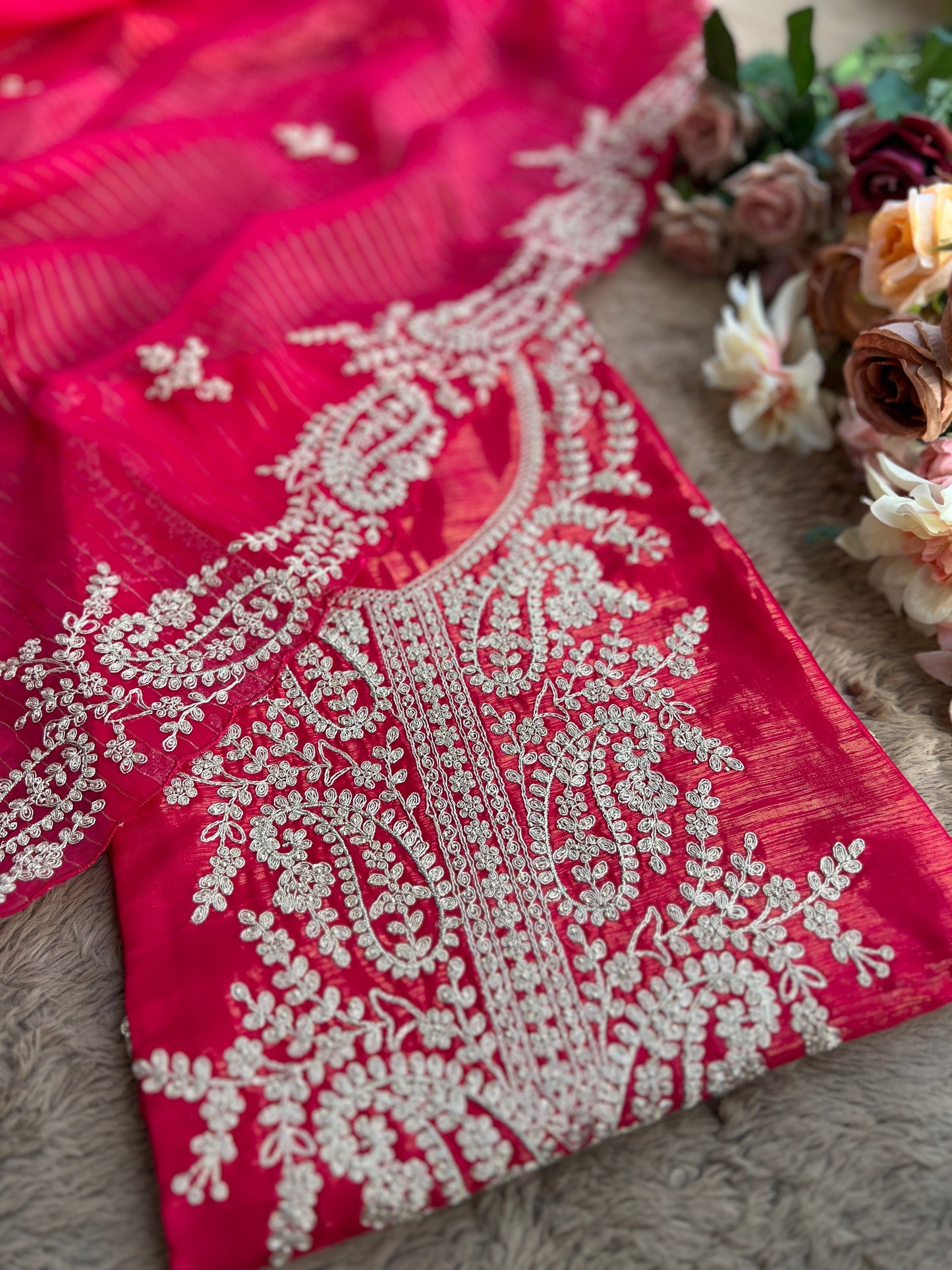 Radiant Red Shimmer Crepe with Exquisite Embroidery Elegance