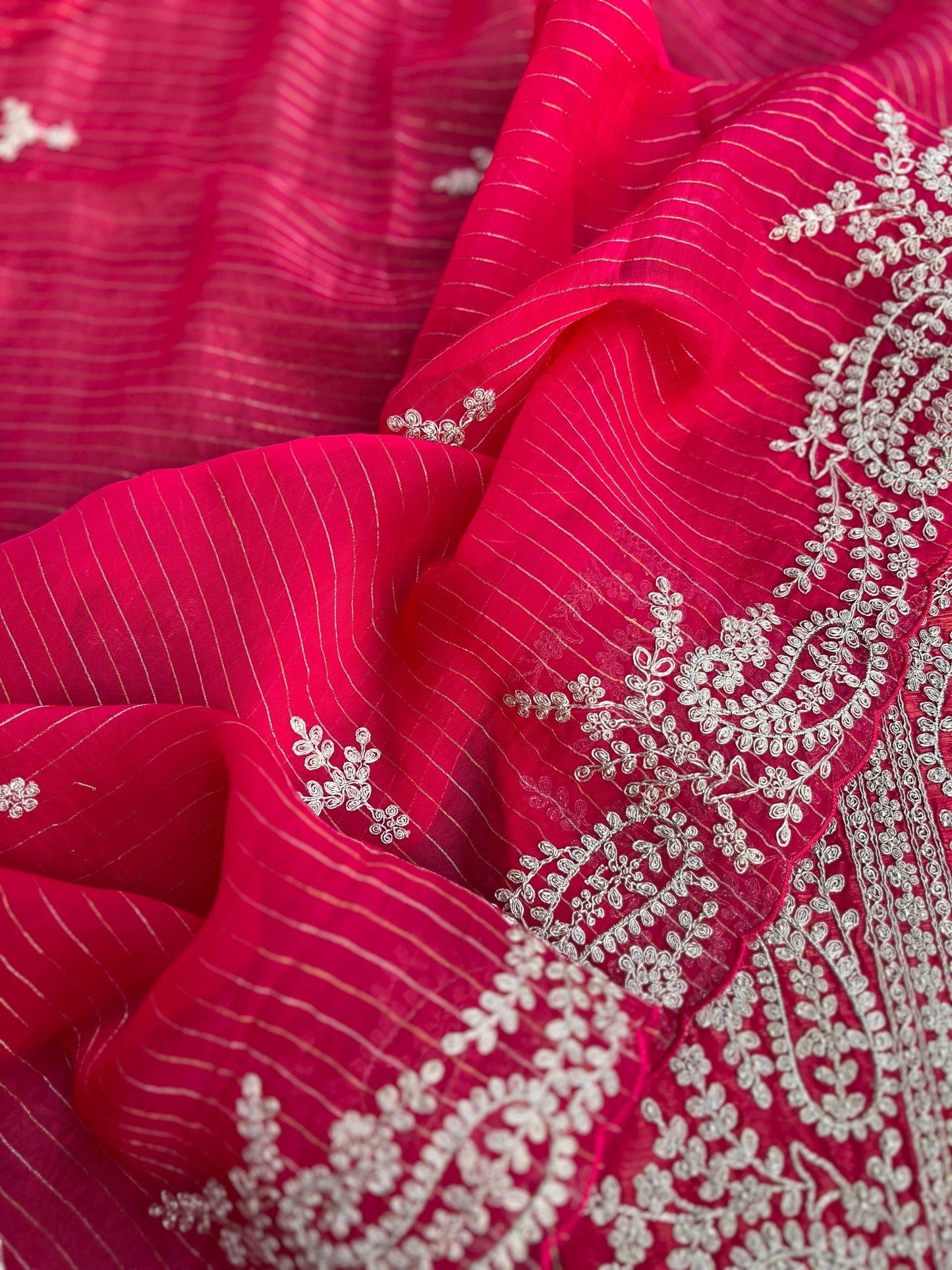 Radiant Red Shimmer Crepe with Exquisite Embroidery Elegance