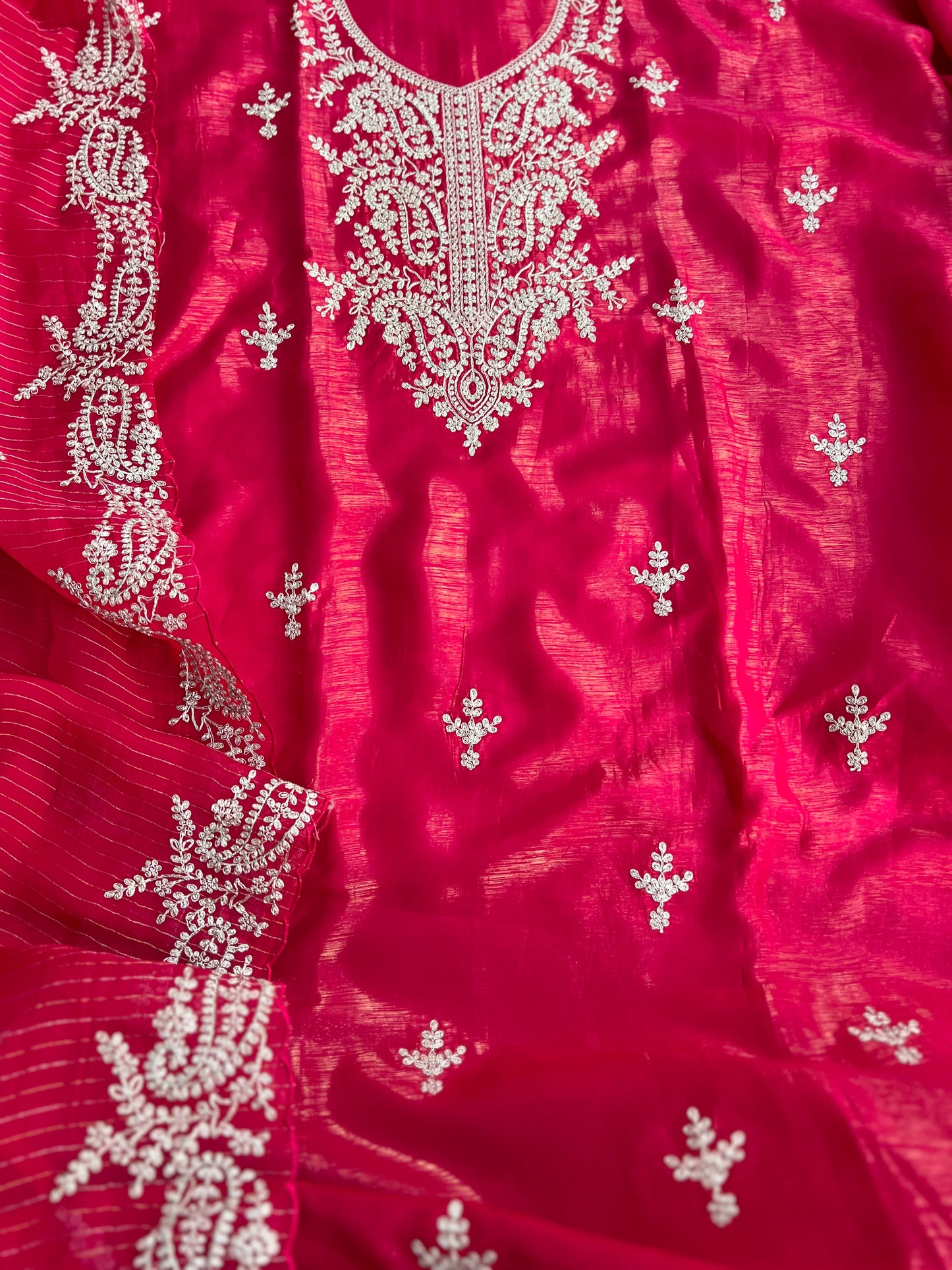 Radiant Red Shimmer Crepe with Exquisite Embroidery Elegance
