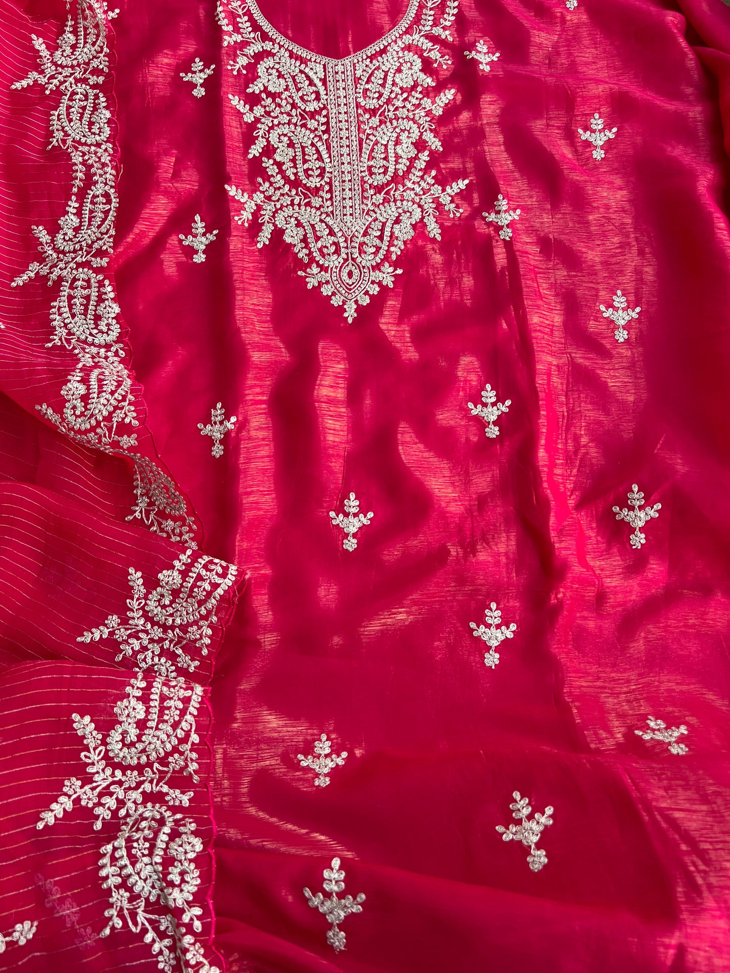 Radiant Red Shimmer Crepe with Exquisite Embroidery Elegance