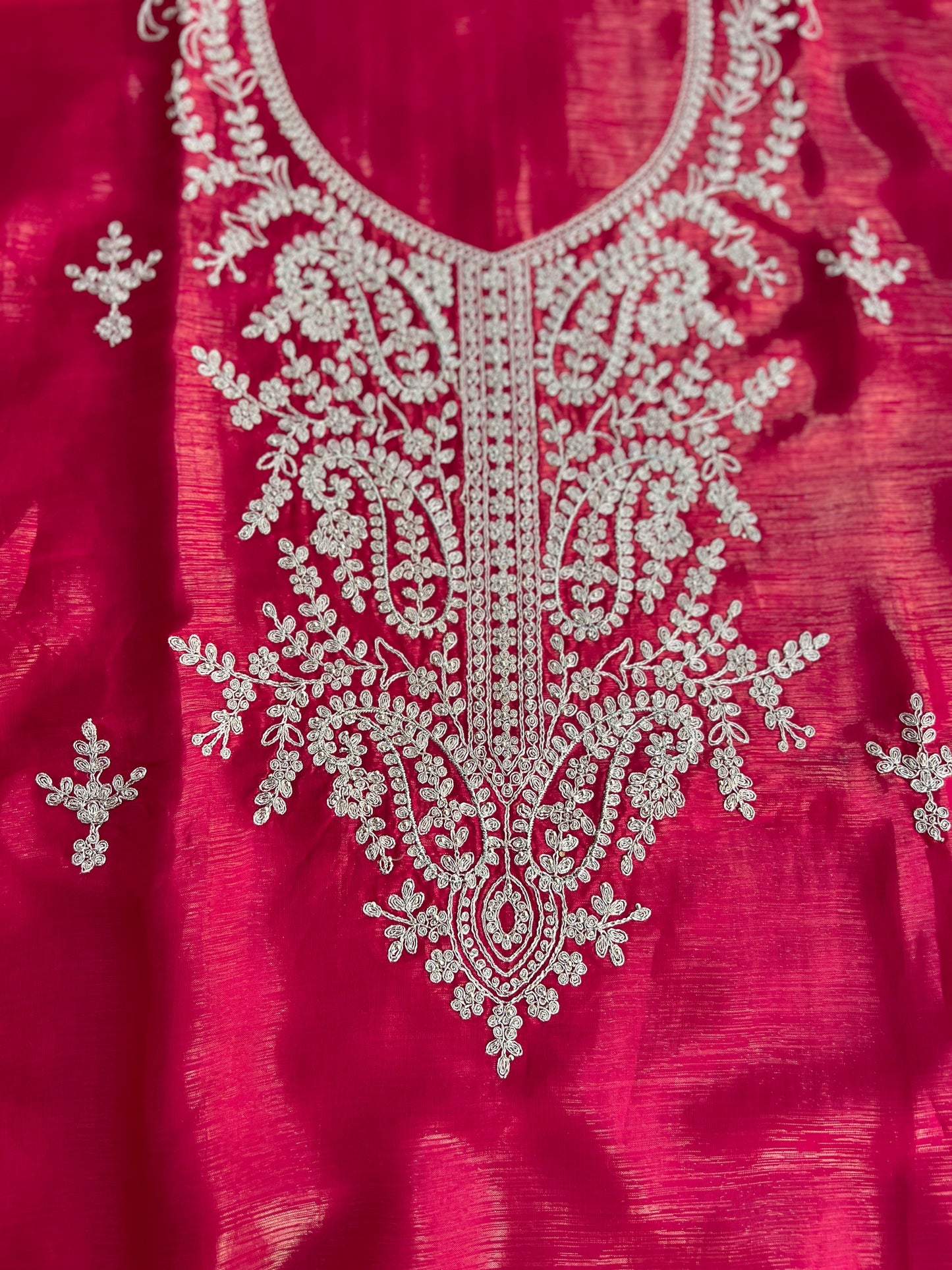 Radiant Red Shimmer Crepe with Exquisite Embroidery Elegance
