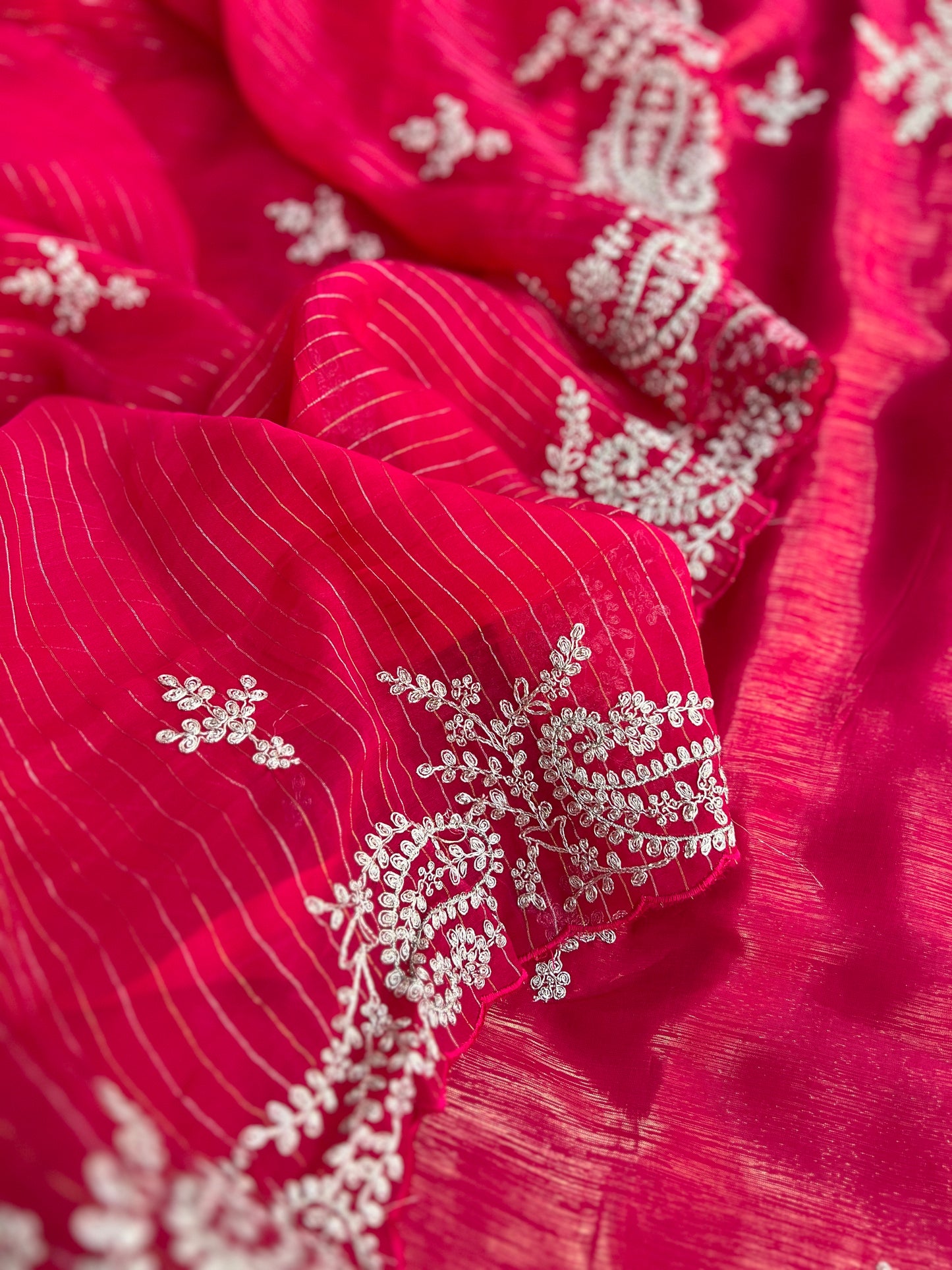 Radiant Red Shimmer Crepe with Exquisite Embroidery Elegance
