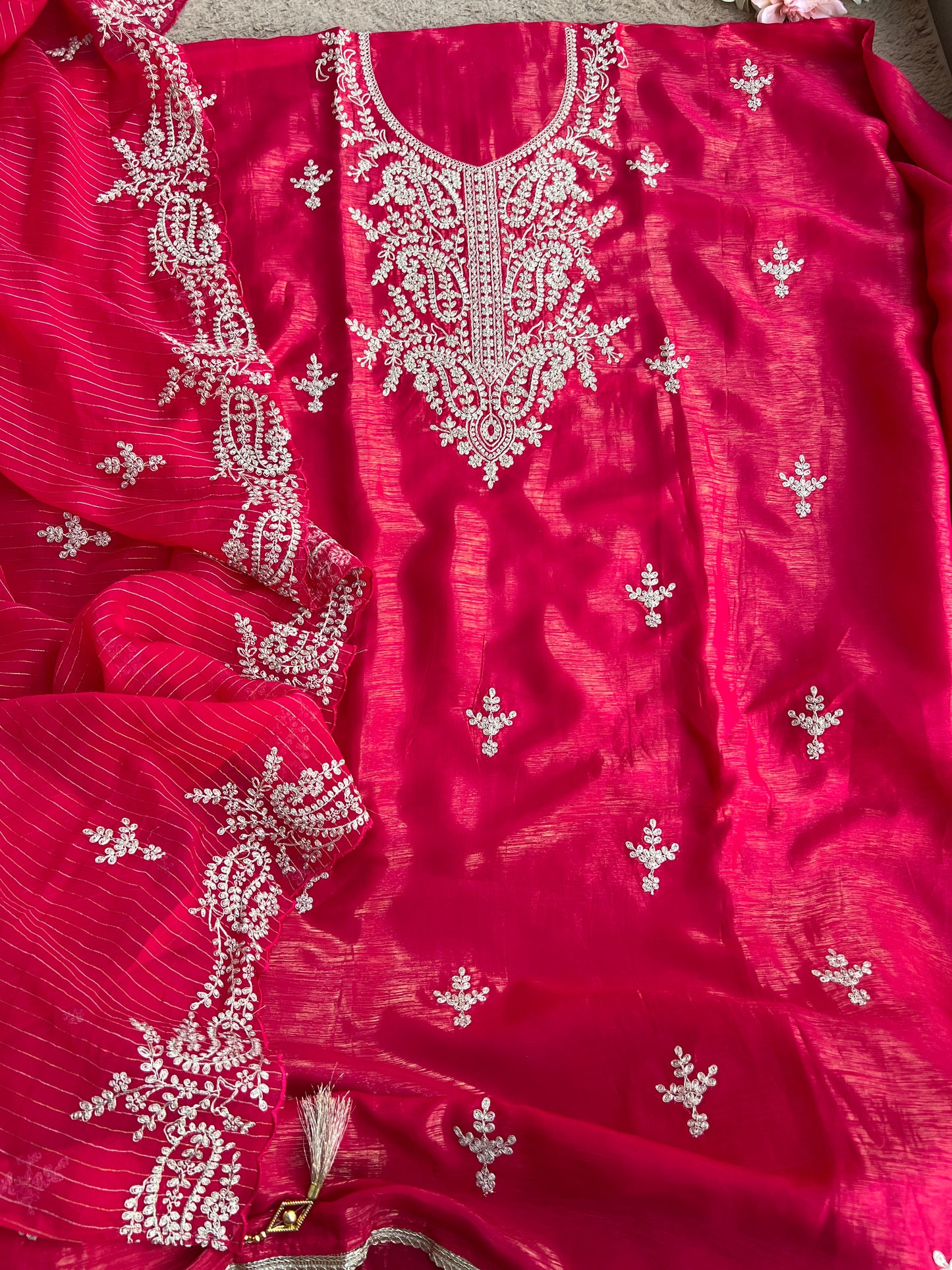Radiant Red Shimmer Crepe with Exquisite Embroidery Elegance